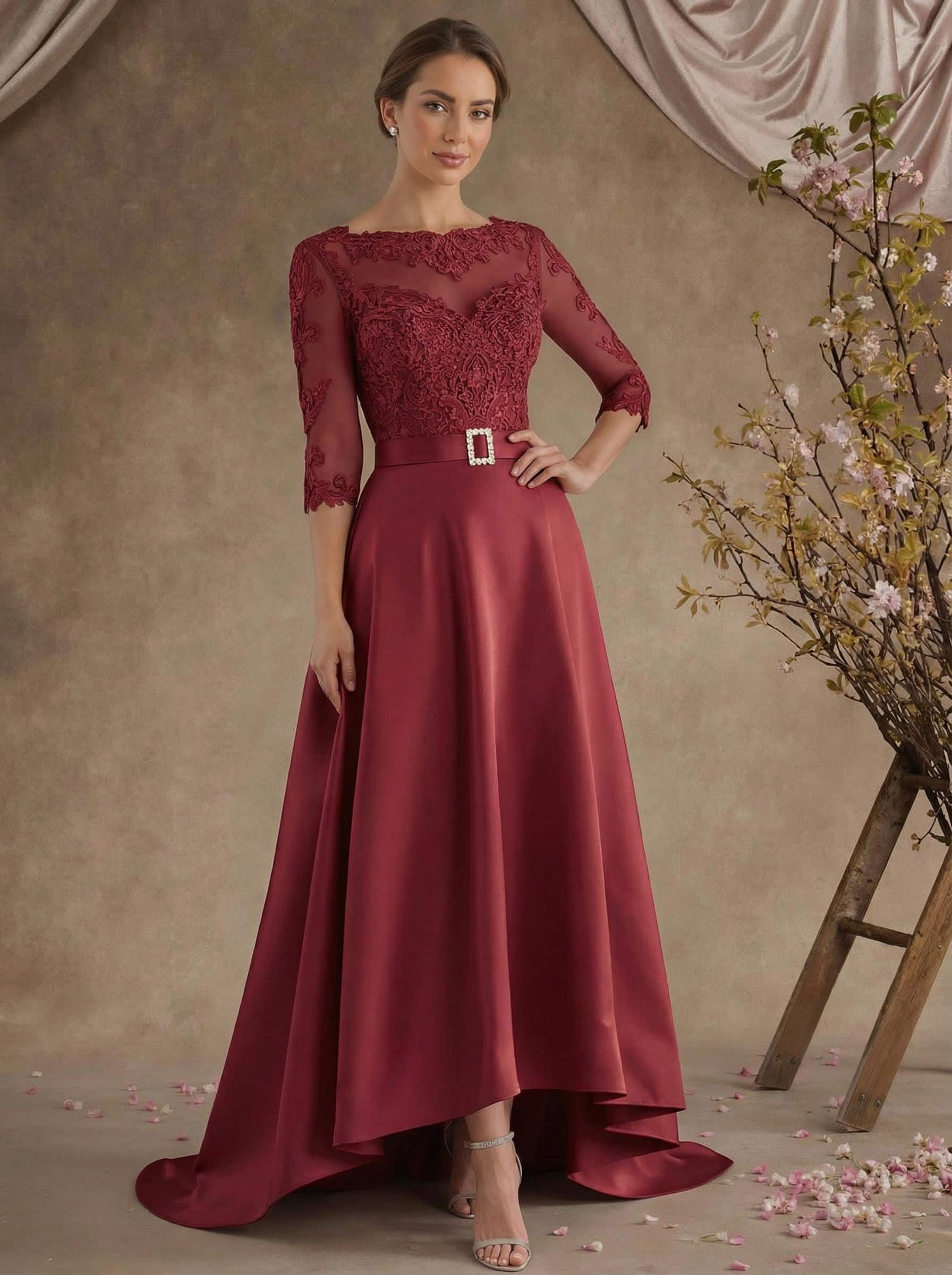 A-Line Illusion Neck 3/4 Sleeves Asymmetrical Mother Of The Bride Dresses With Appliques Lace/Sash