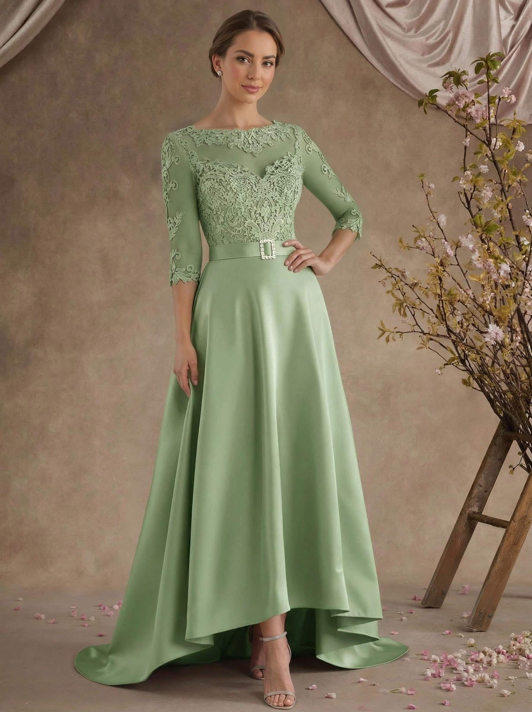 A-Line Illusion Neck 3/4 Sleeves Asymmetrical Mother Of The Bride Dresses With Appliques Lace/Sash