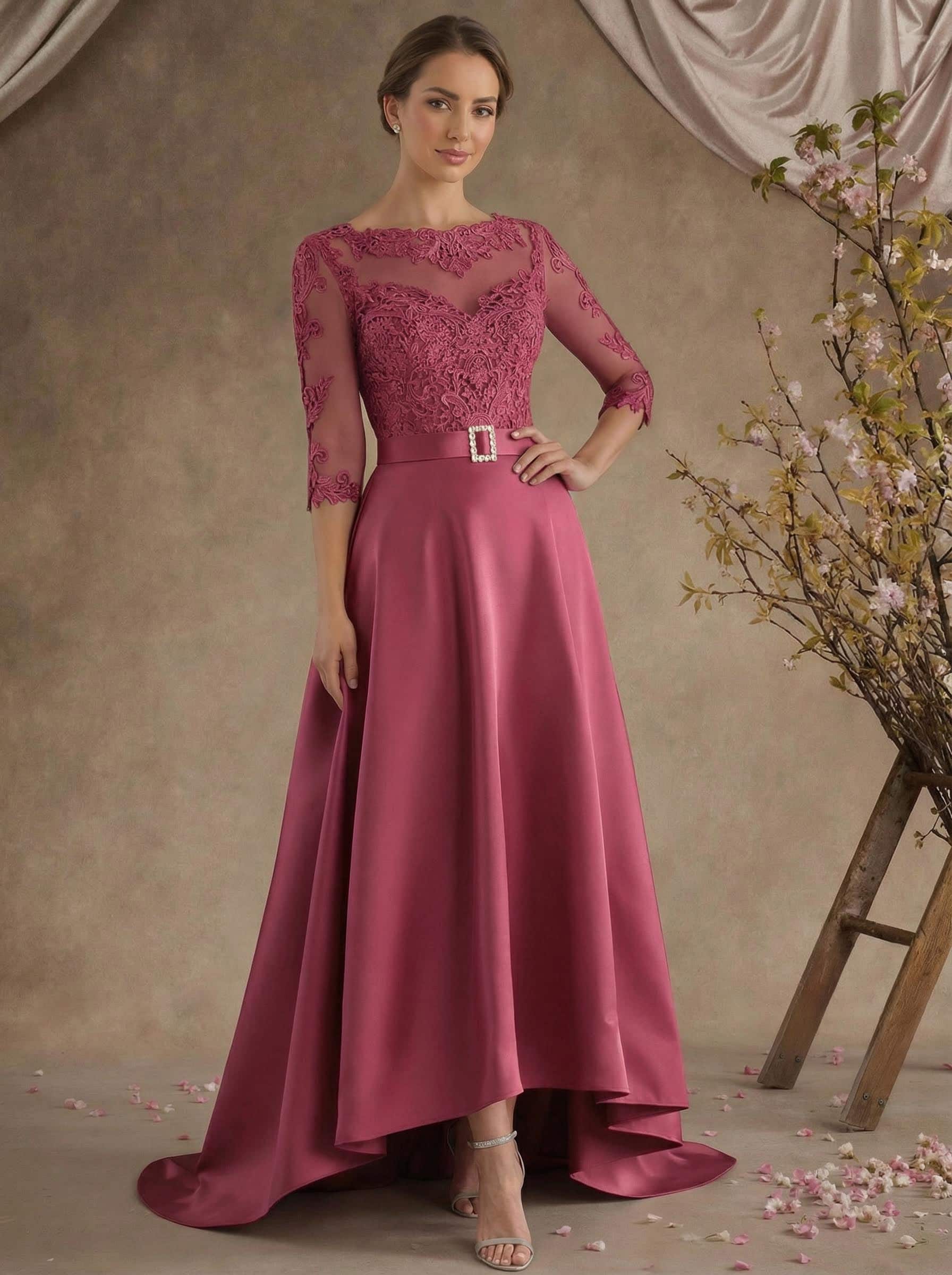 A-Line Illusion Neck 3/4 Sleeves Asymmetrical Mother Of The Bride Dresses With Appliques Lace/Sash