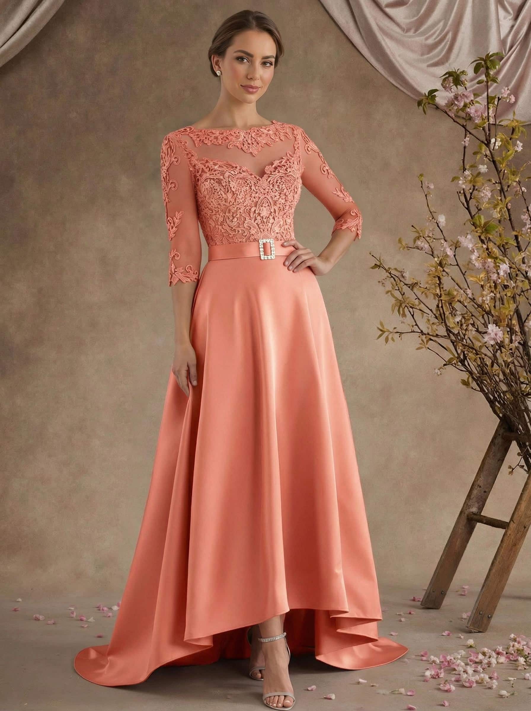 A-Line Illusion Neck 3/4 Sleeves Asymmetrical Mother Of The Bride Dresses With Appliques Lace/Sash