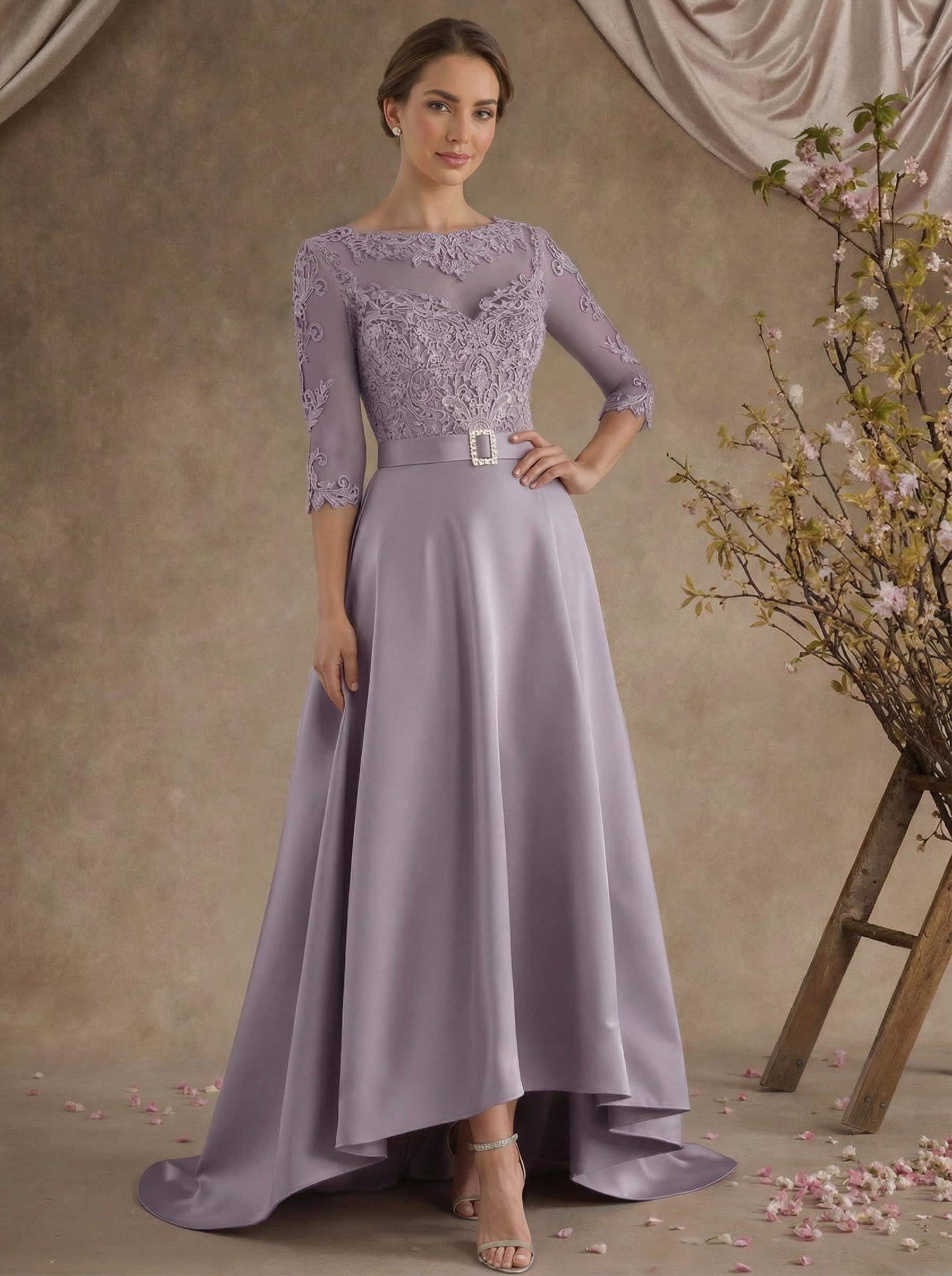 A-Line Illusion Neck 3/4 Sleeves Asymmetrical Mother Of The Bride Dresses With Appliques Lace/Sash