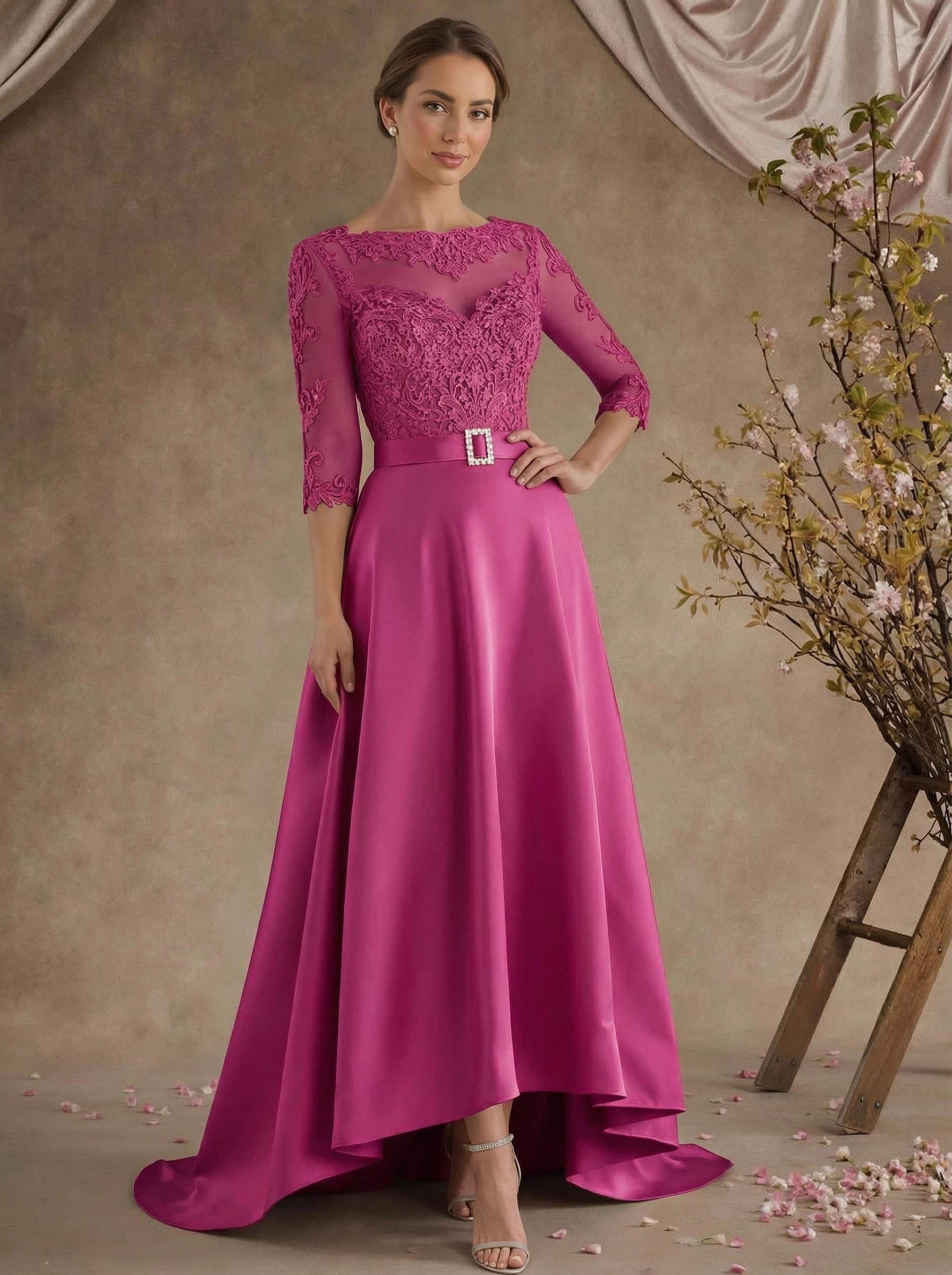 A-Line Illusion Neck 3/4 Sleeves Asymmetrical Mother Of The Bride Dresses With Appliques Lace/Sash