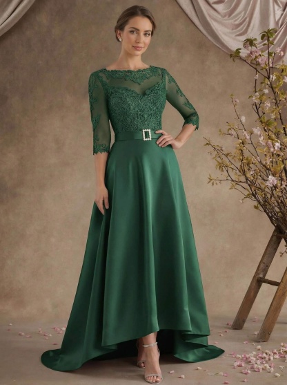 A-Line Illusion Neck 3/4 Sleeves Asymmetrical Mother Of The Bride Dresses With Appliques Lace/Sash