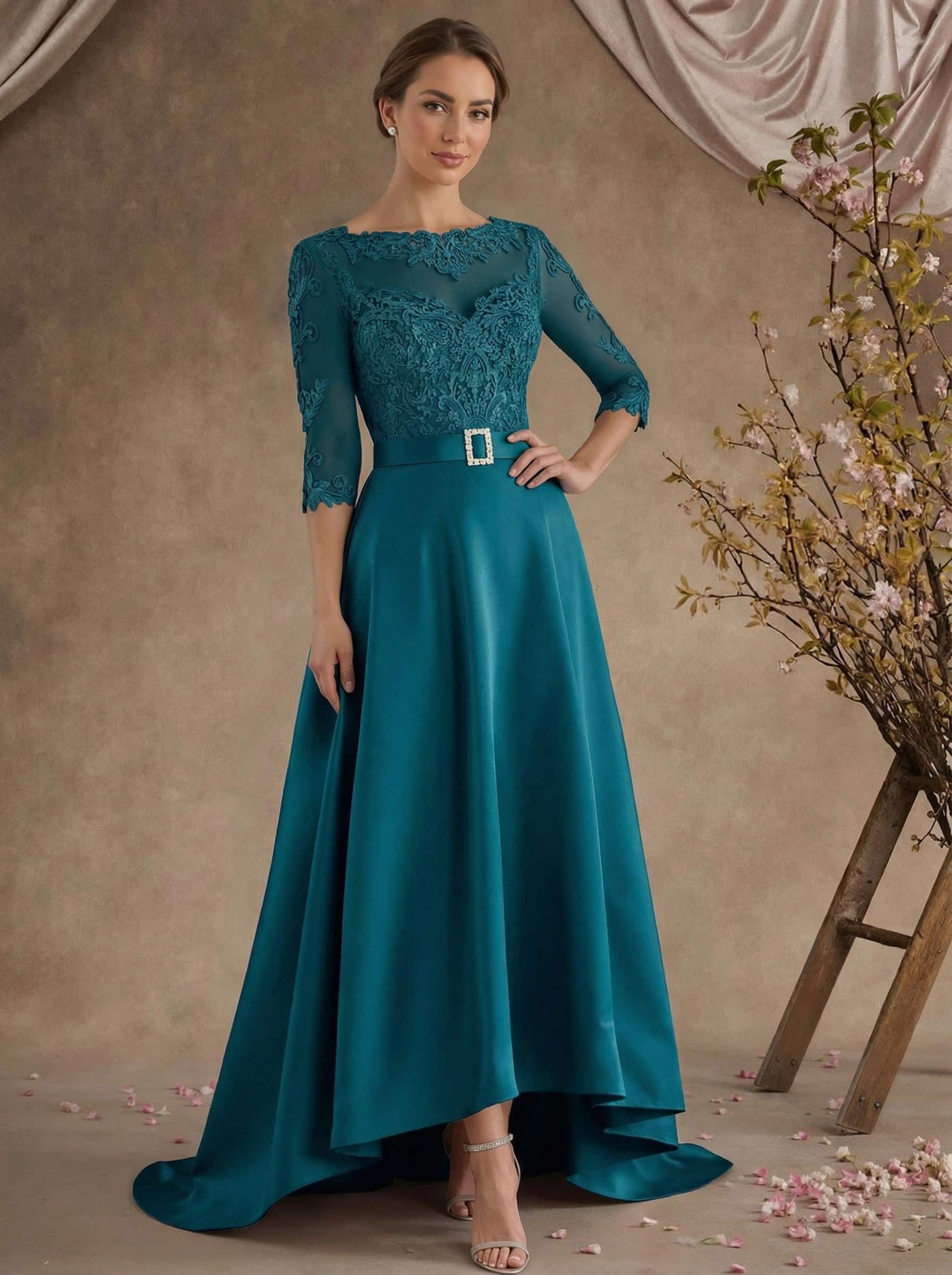 A-Line Illusion Neck 3/4 Sleeves Asymmetrical Mother Of The Bride Dresses With Appliques Lace/Sash
