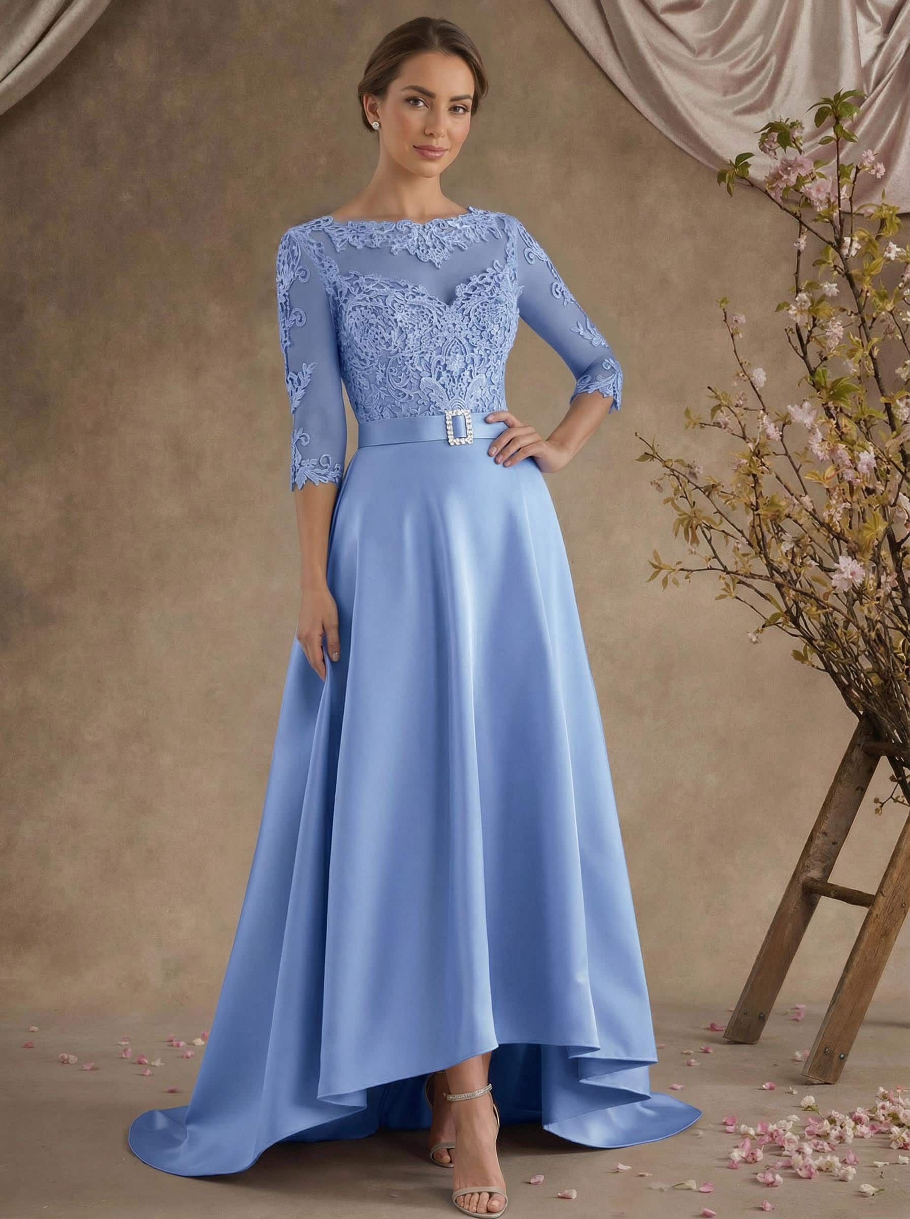 A-Line Illusion Neck 3/4 Sleeves Asymmetrical Mother Of The Bride Dresses With Appliques Lace/Sash