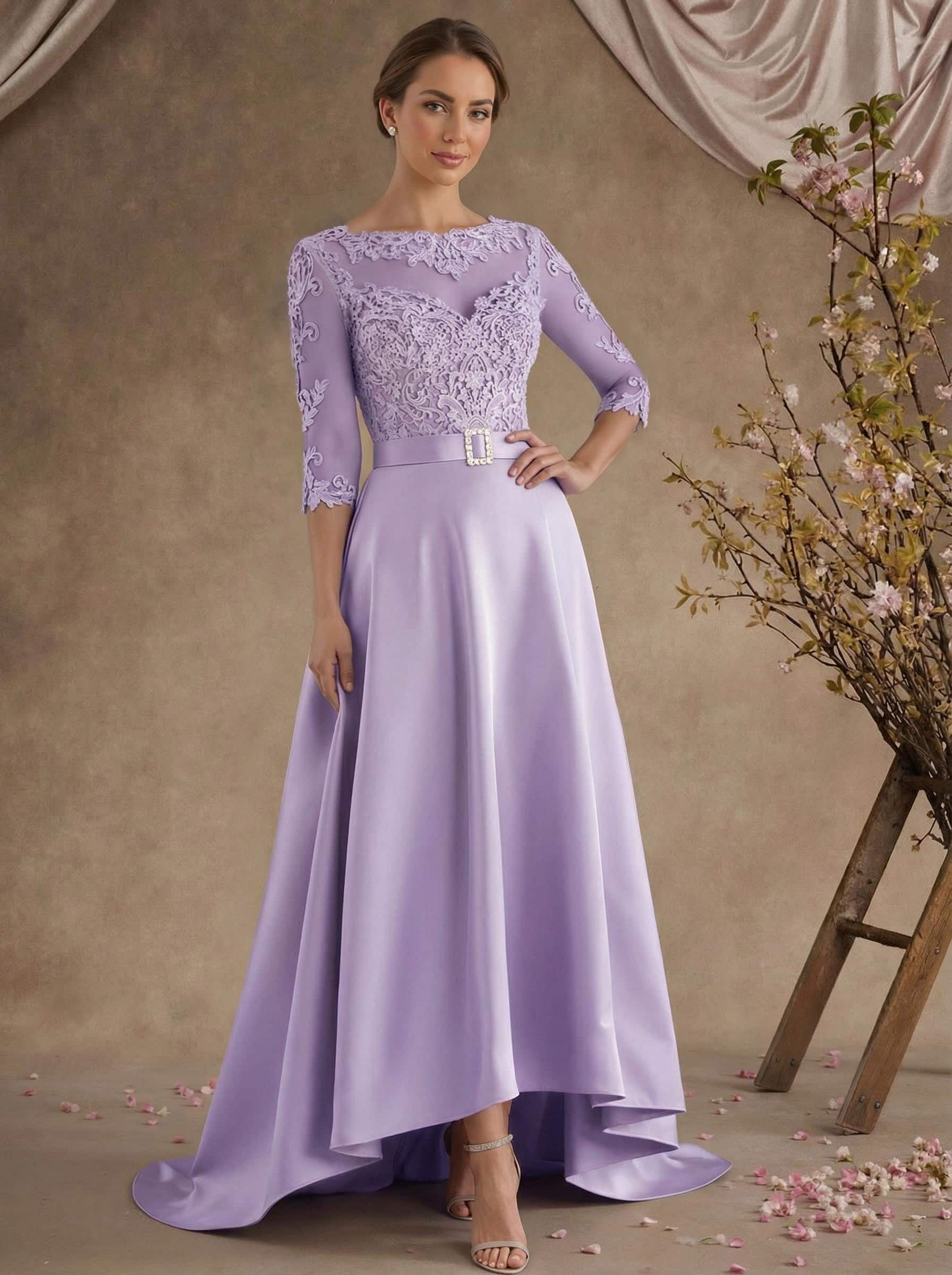 A-Line Illusion Neck 3/4 Sleeves Asymmetrical Mother Of The Bride Dresses With Appliques Lace/Sash