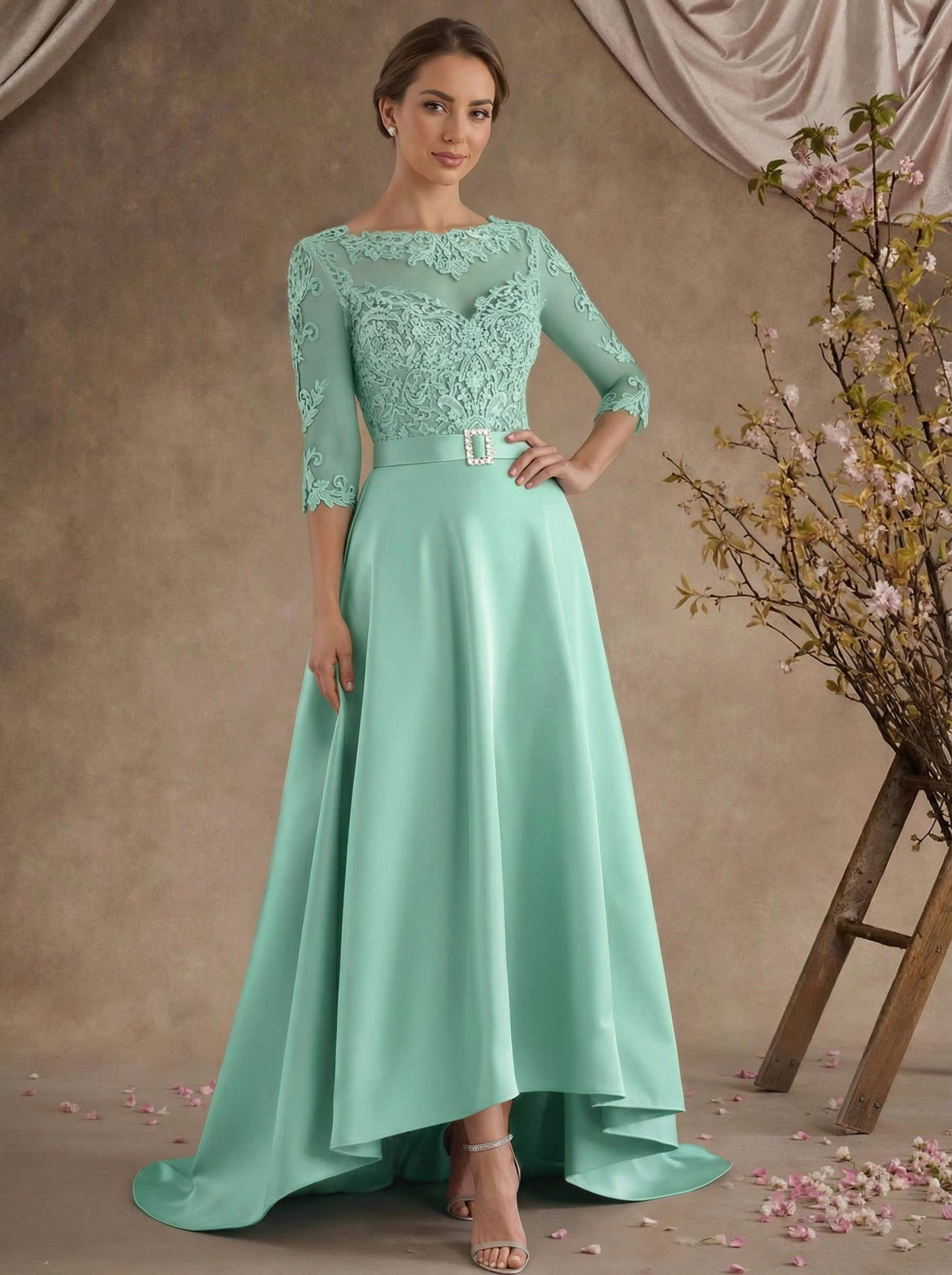A-Line Illusion Neck 3/4 Sleeves Asymmetrical Mother Of The Bride Dresses With Appliques Lace/Sash