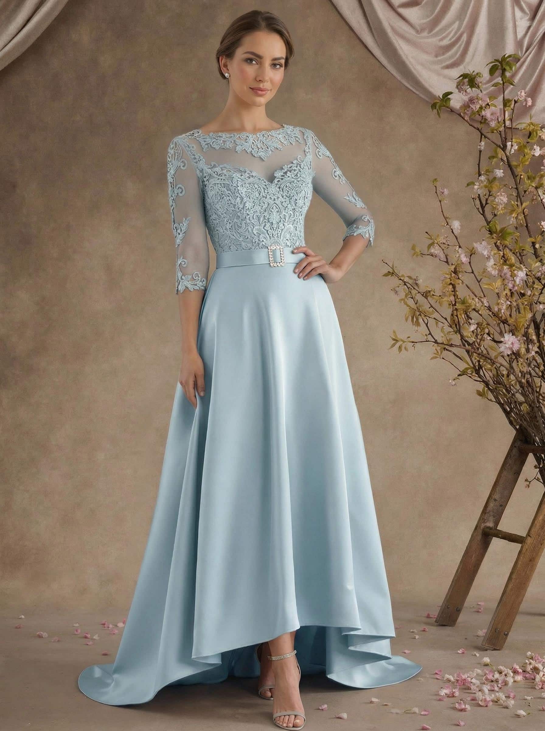 A-Line Illusion Neck 3/4 Sleeves Asymmetrical Mother Of The Bride Dresses With Appliques Lace/Sash