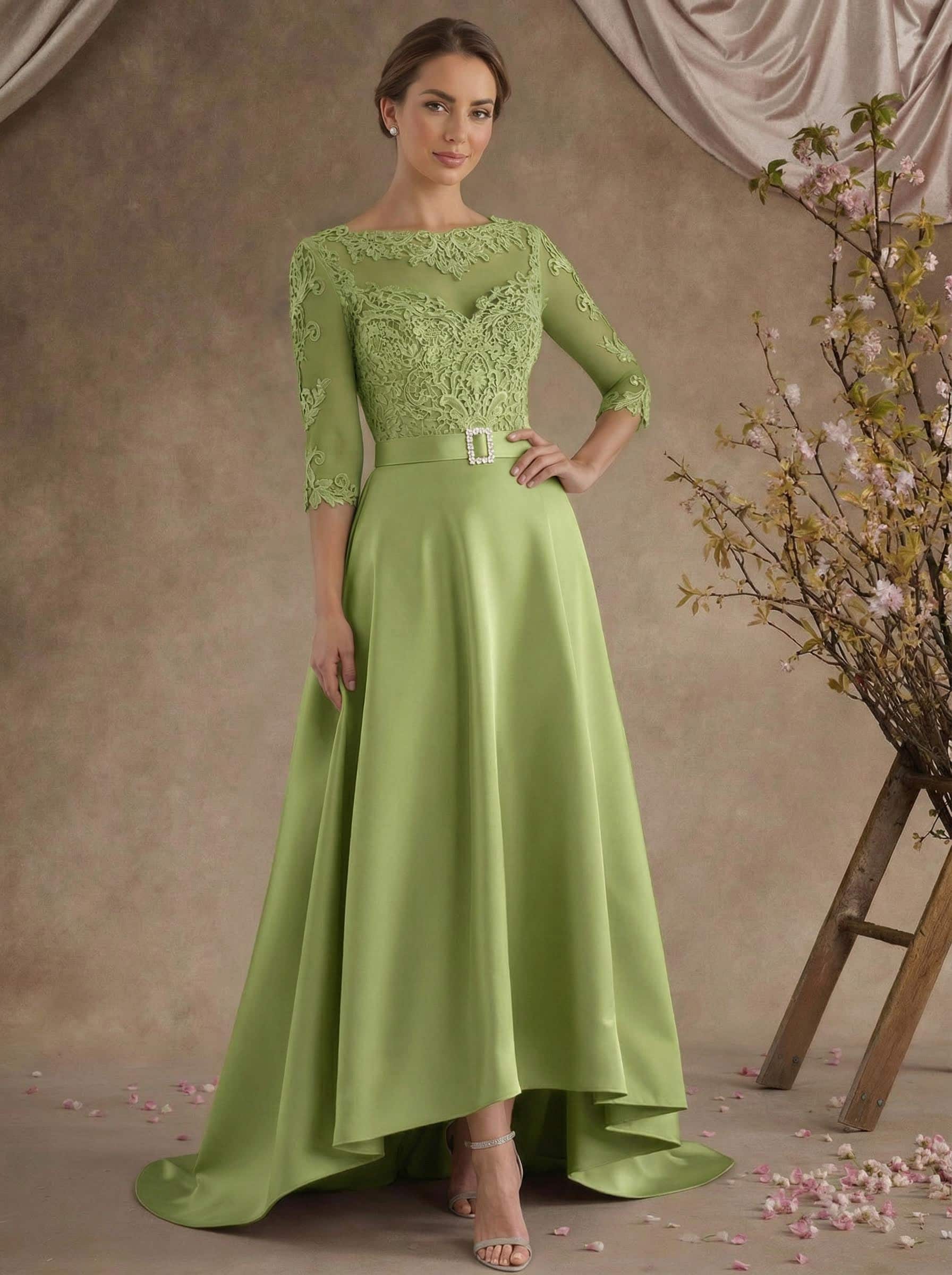 A-Line Illusion Neck 3/4 Sleeves Asymmetrical Mother Of The Bride Dresses With Appliques Lace/Sash
