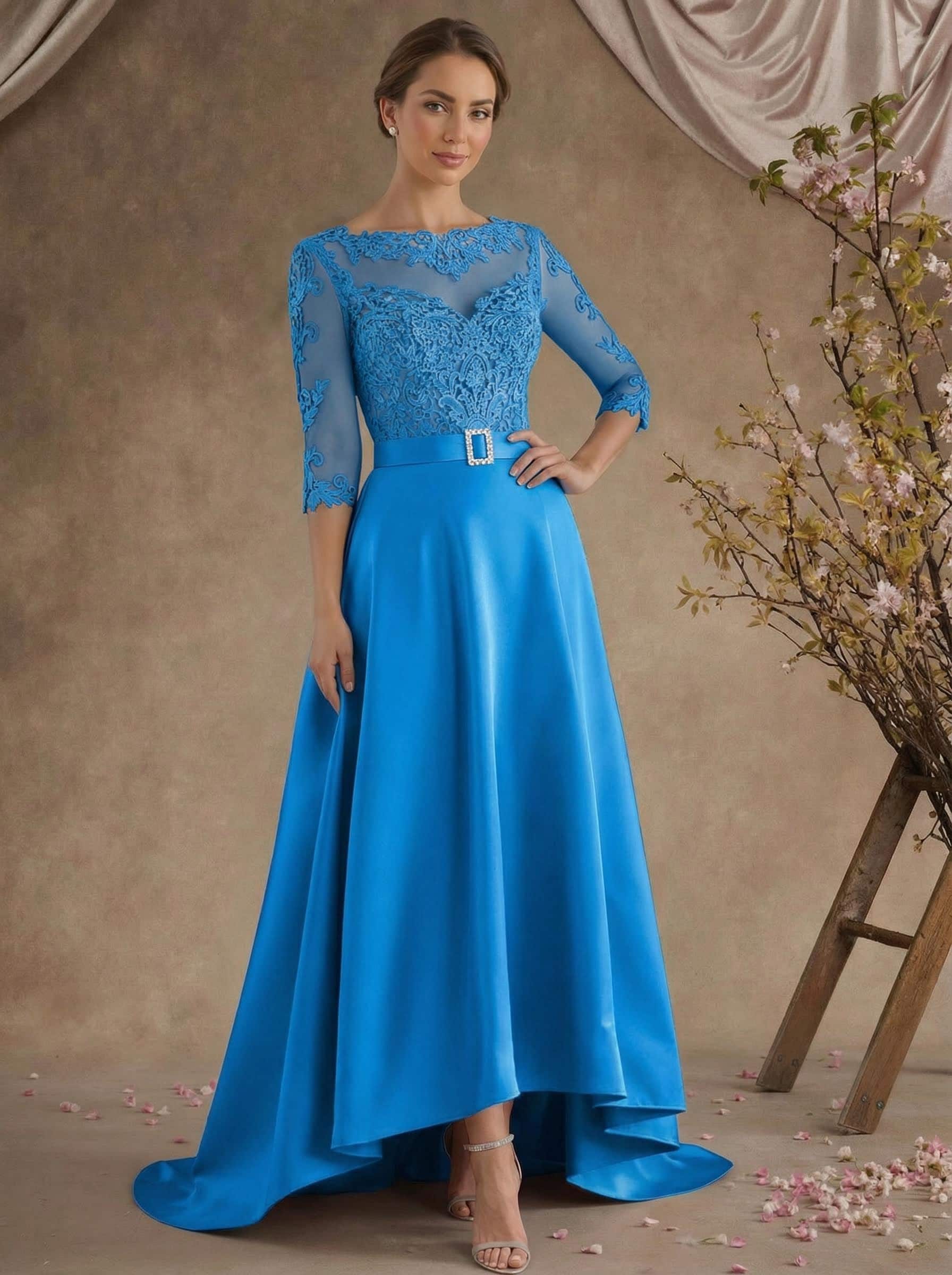 A-Line Illusion Neck 3/4 Sleeves Asymmetrical Mother Of The Bride Dresses With Appliques Lace/Sash