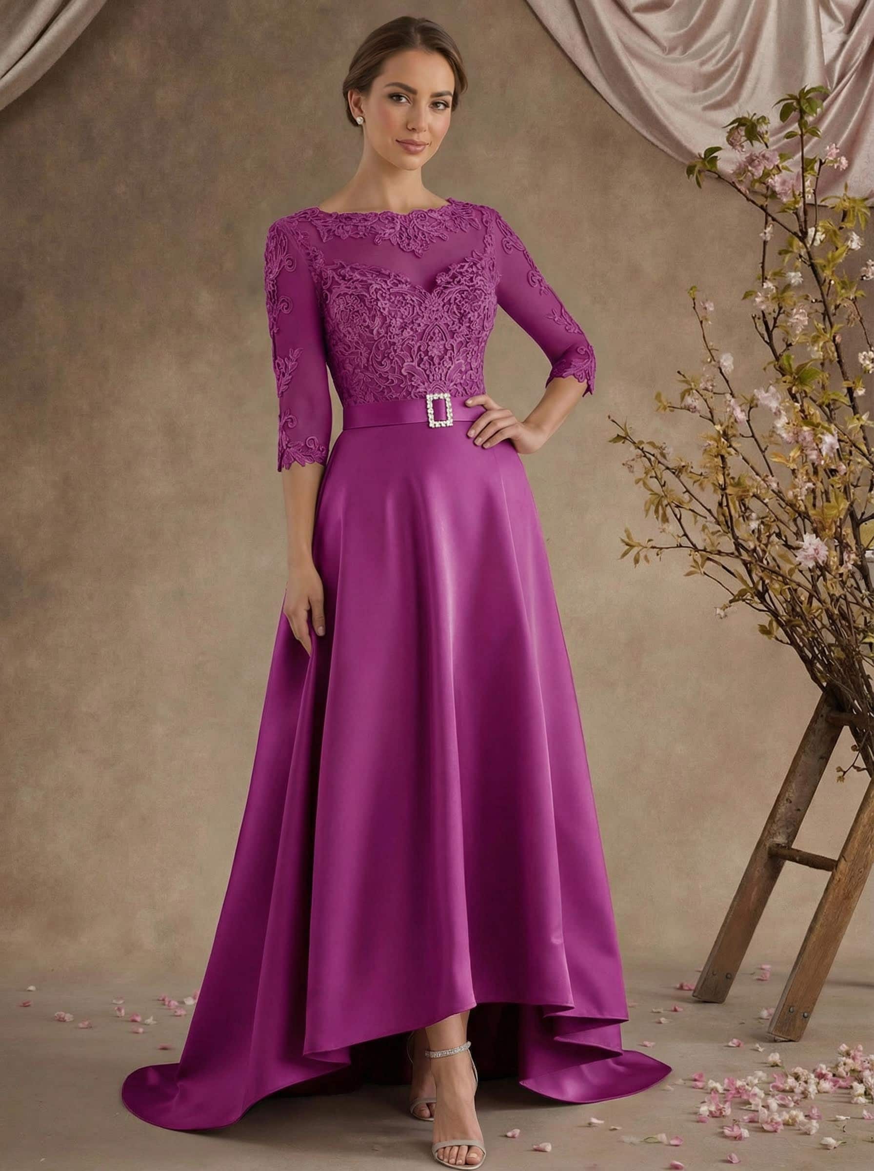 A-Line Illusion Neck 3/4 Sleeves Asymmetrical Mother Of The Bride Dresses With Appliques Lace/Sash