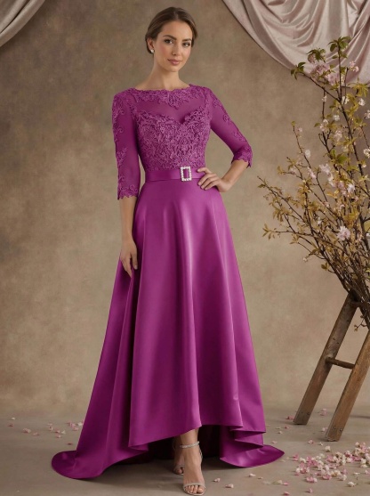 A-Line Illusion Neck 3/4 Sleeves Asymmetrical Mother Of The Bride Dresses With Appliques Lace/Sash