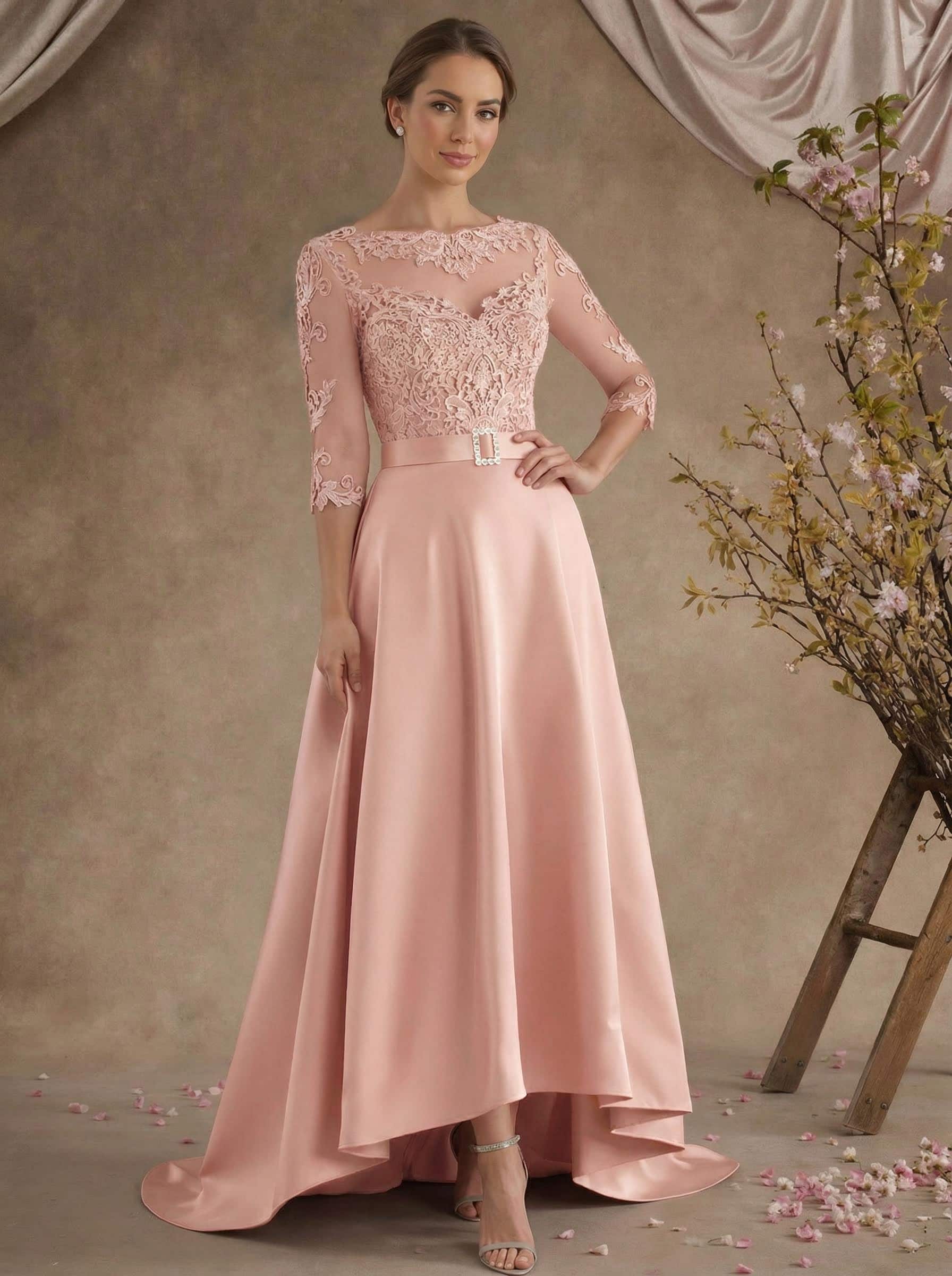 A-Line Illusion Neck 3/4 Sleeves Asymmetrical Mother Of The Bride Dresses With Appliques Lace/Sash
