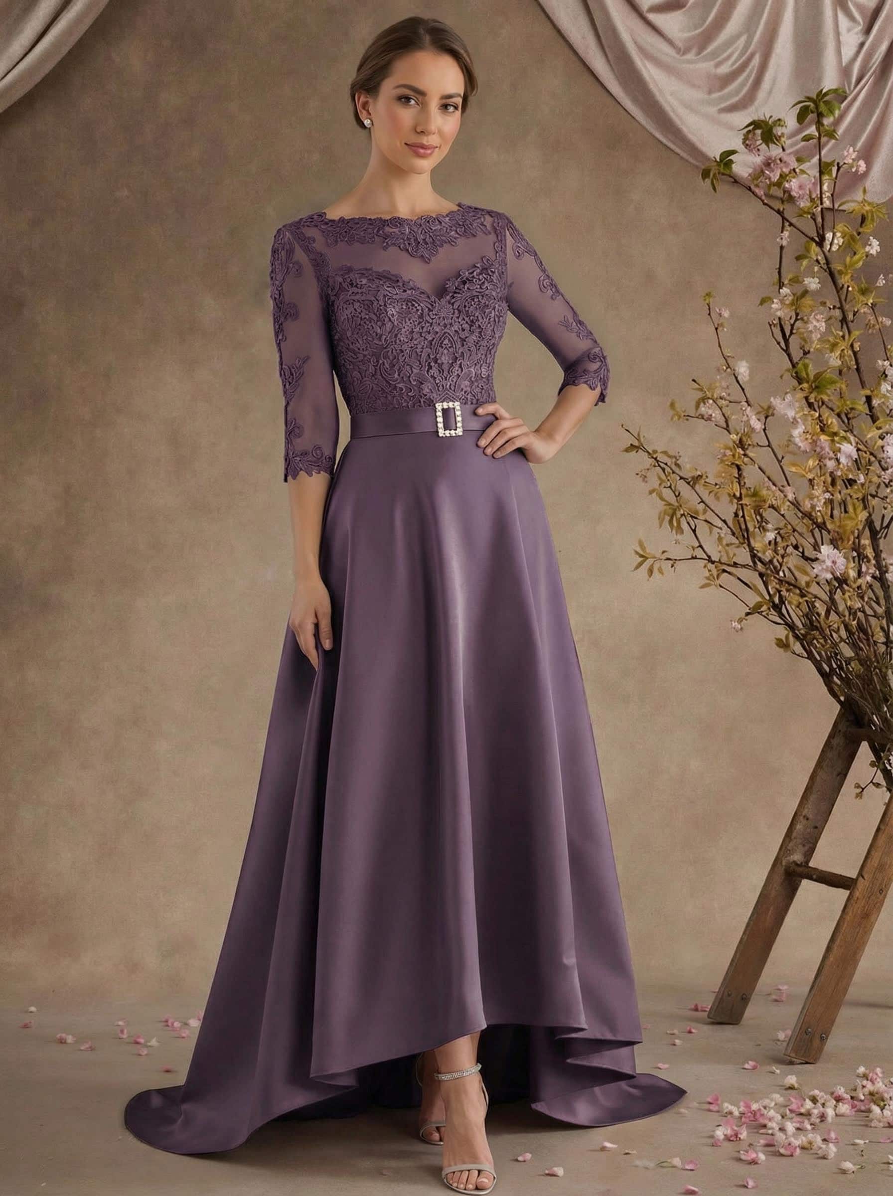 A-Line Illusion Neck 3/4 Sleeves Asymmetrical Mother Of The Bride Dresses With Appliques Lace/Sash