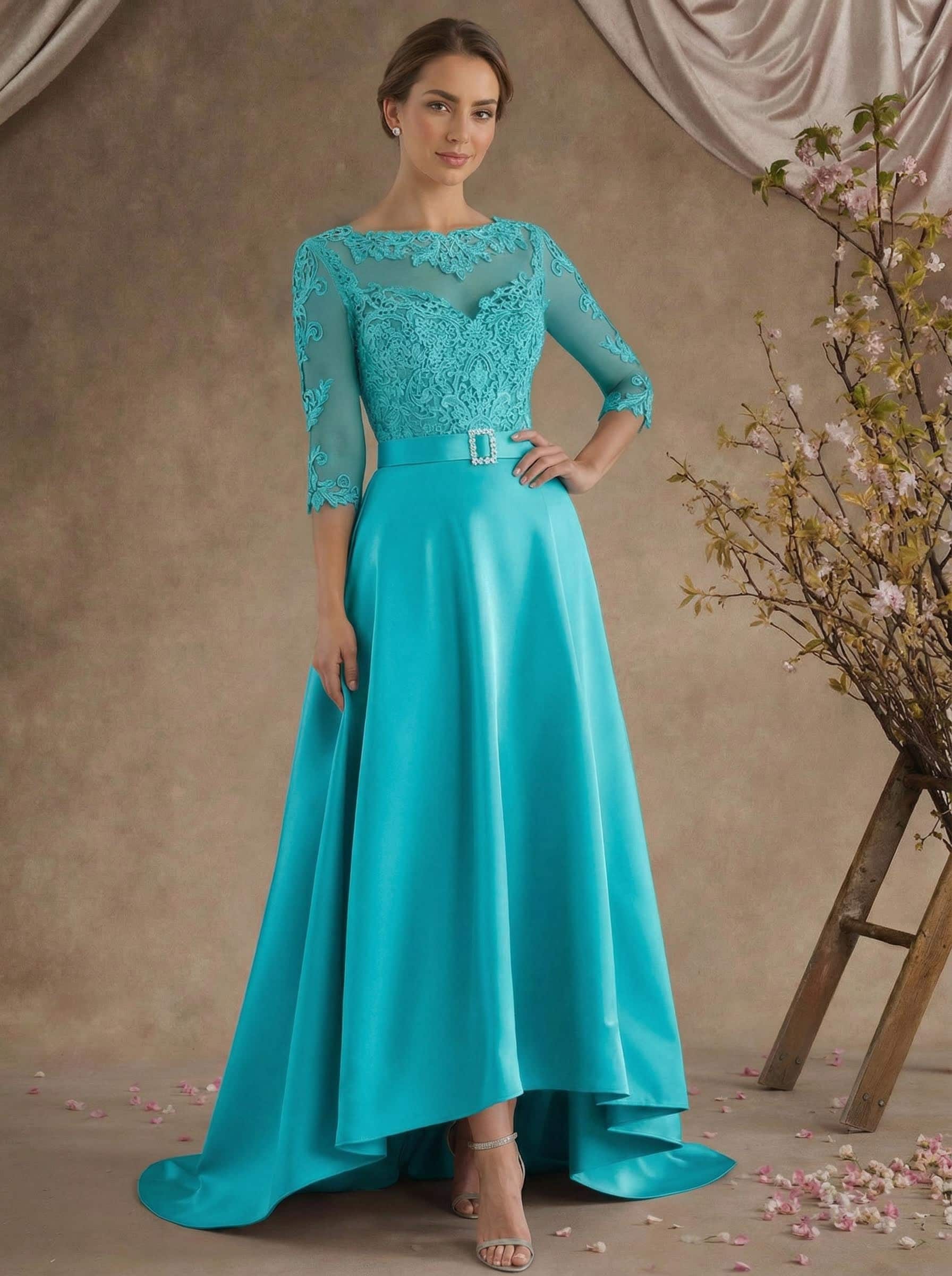 A-Line Illusion Neck 3/4 Sleeves Asymmetrical Mother Of The Bride Dresses With Appliques Lace/Sash