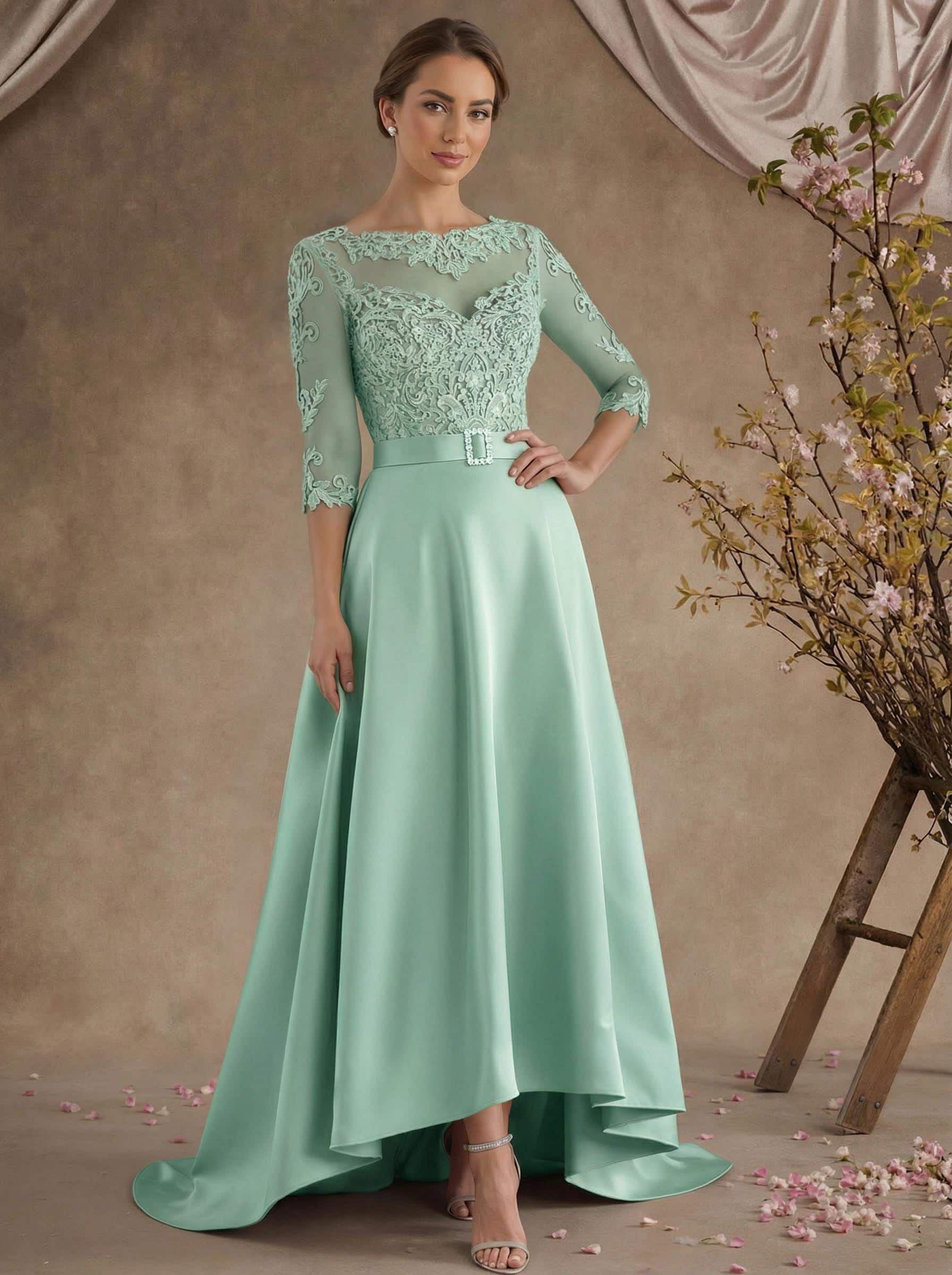 A-Line Illusion Neck 3/4 Sleeves Asymmetrical Mother Of The Bride Dresses With Appliques Lace/Sash
