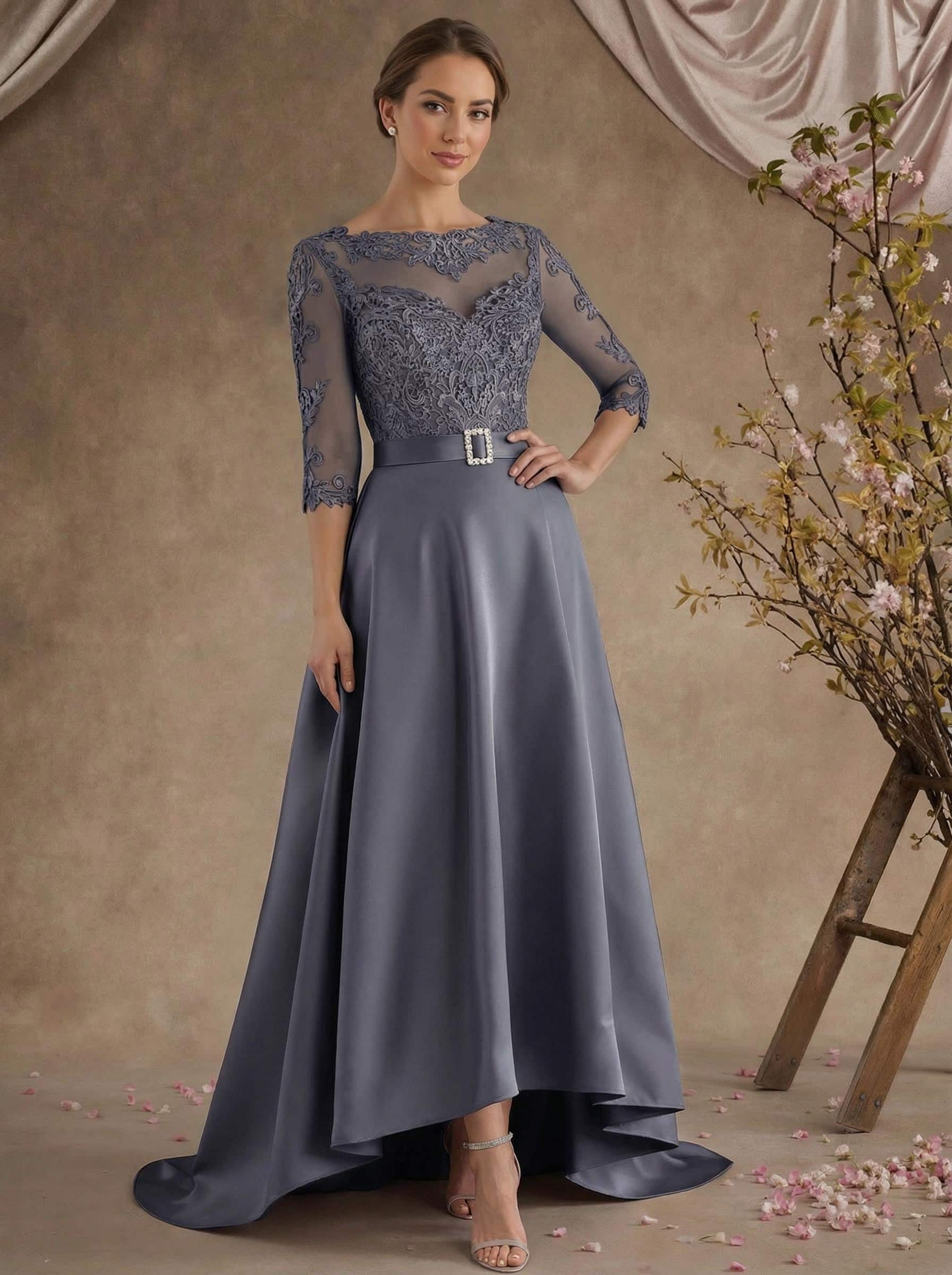 A-Line Illusion Neck 3/4 Sleeves Asymmetrical Mother Of The Bride Dresses With Appliques Lace/Sash
