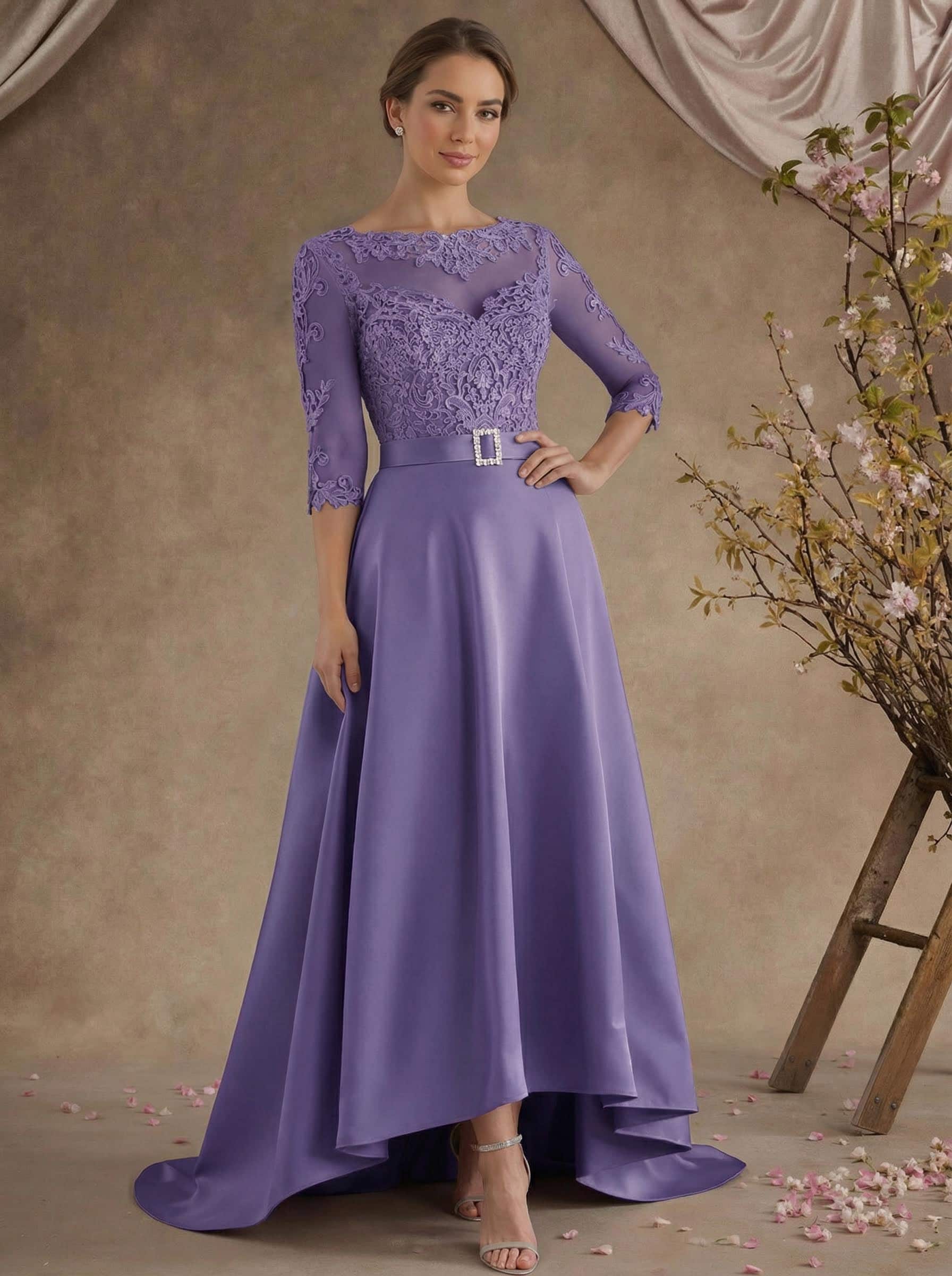 A-Line Illusion Neck 3/4 Sleeves Asymmetrical Mother Of The Bride Dresses With Appliques Lace/Sash