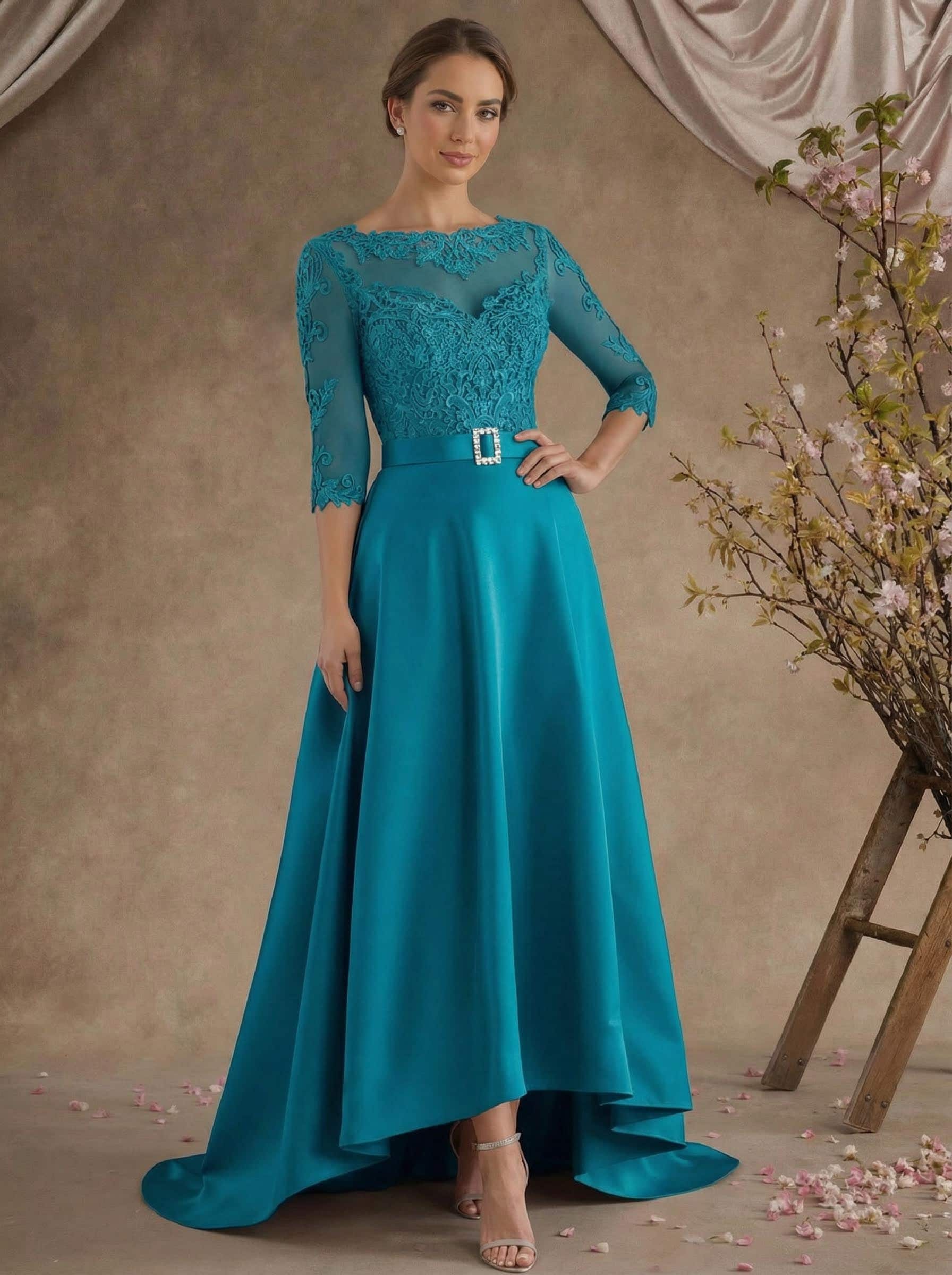 A-Line Illusion Neck 3/4 Sleeves Asymmetrical Mother Of The Bride Dresses With Appliques Lace/Sash