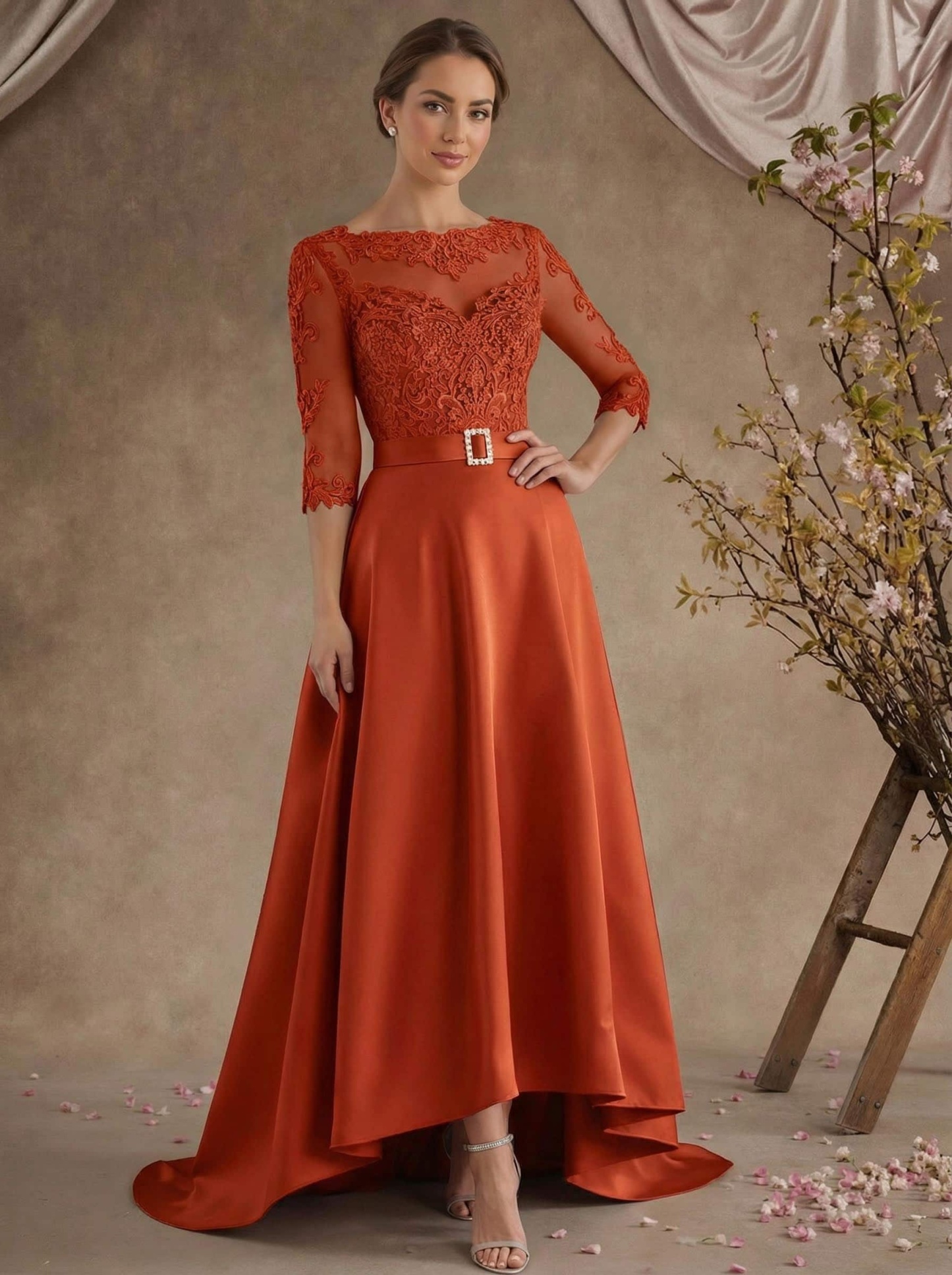A-Line Illusion Neck 3/4 Sleeves Asymmetrical Mother Of The Bride Dresses With Appliques Lace/Sash