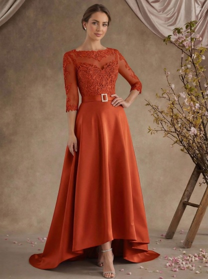 A-Line Illusion Neck 3/4 Sleeves Asymmetrical Mother Of The Bride Dresses With Appliques Lace/Sash