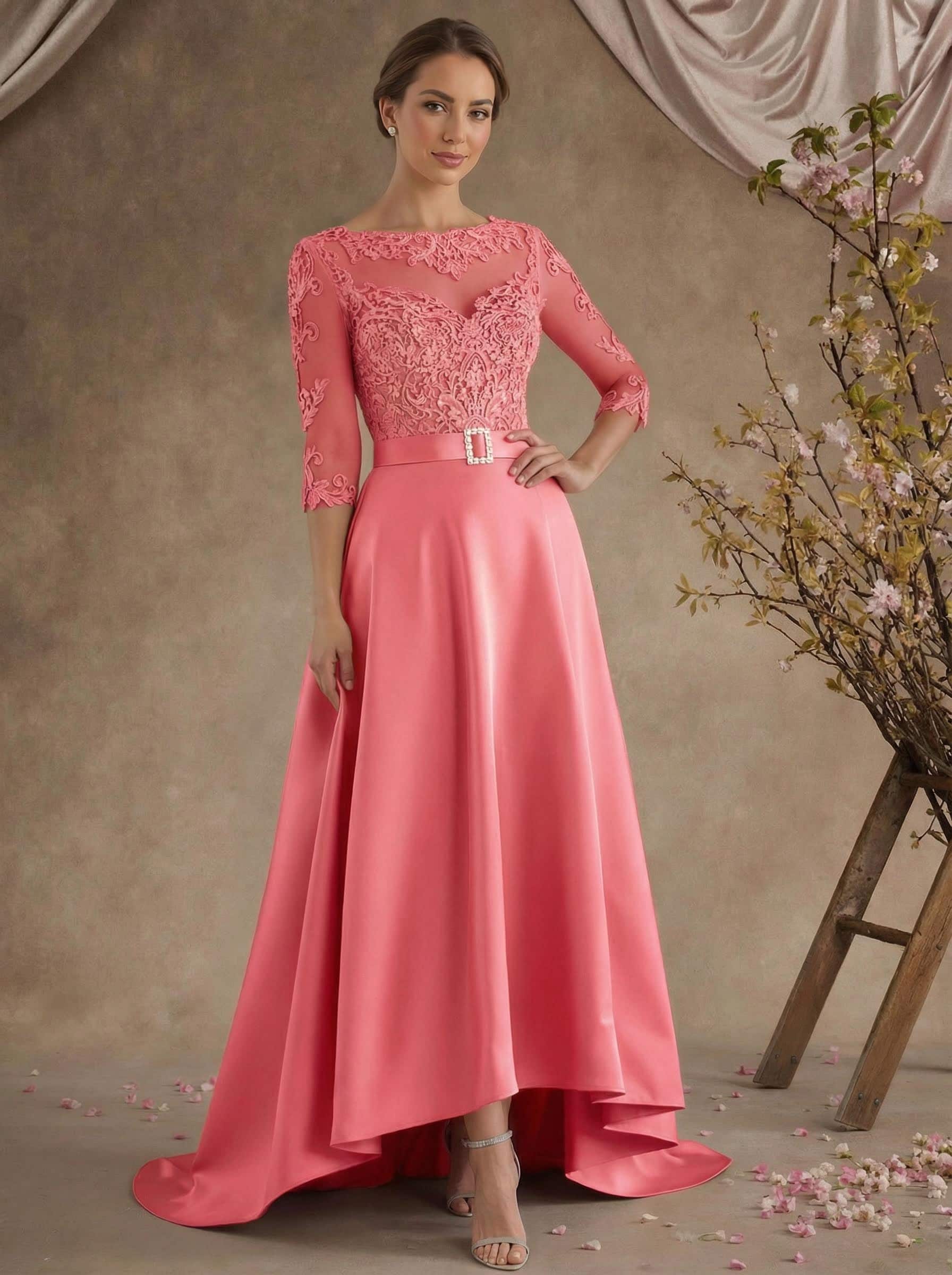 A-Line Illusion Neck 3/4 Sleeves Asymmetrical Mother Of The Bride Dresses With Appliques Lace/Sash