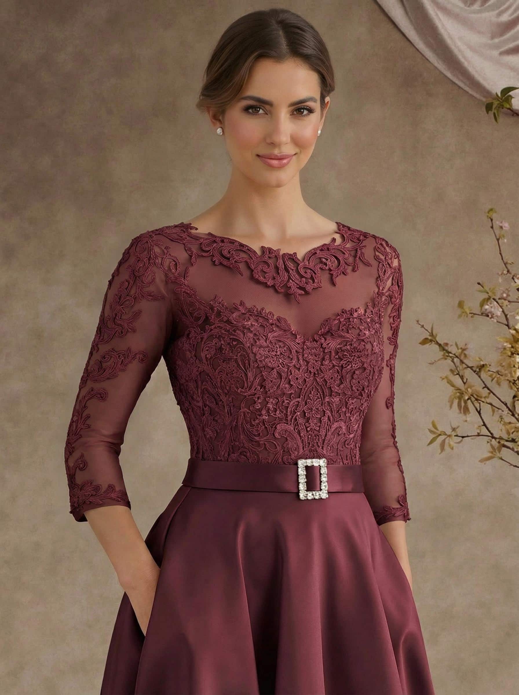 A-Line Illusion Neck 3/4 Sleeves Floor-Length Satin Mother Of The Bride Dresses With Flower(s)