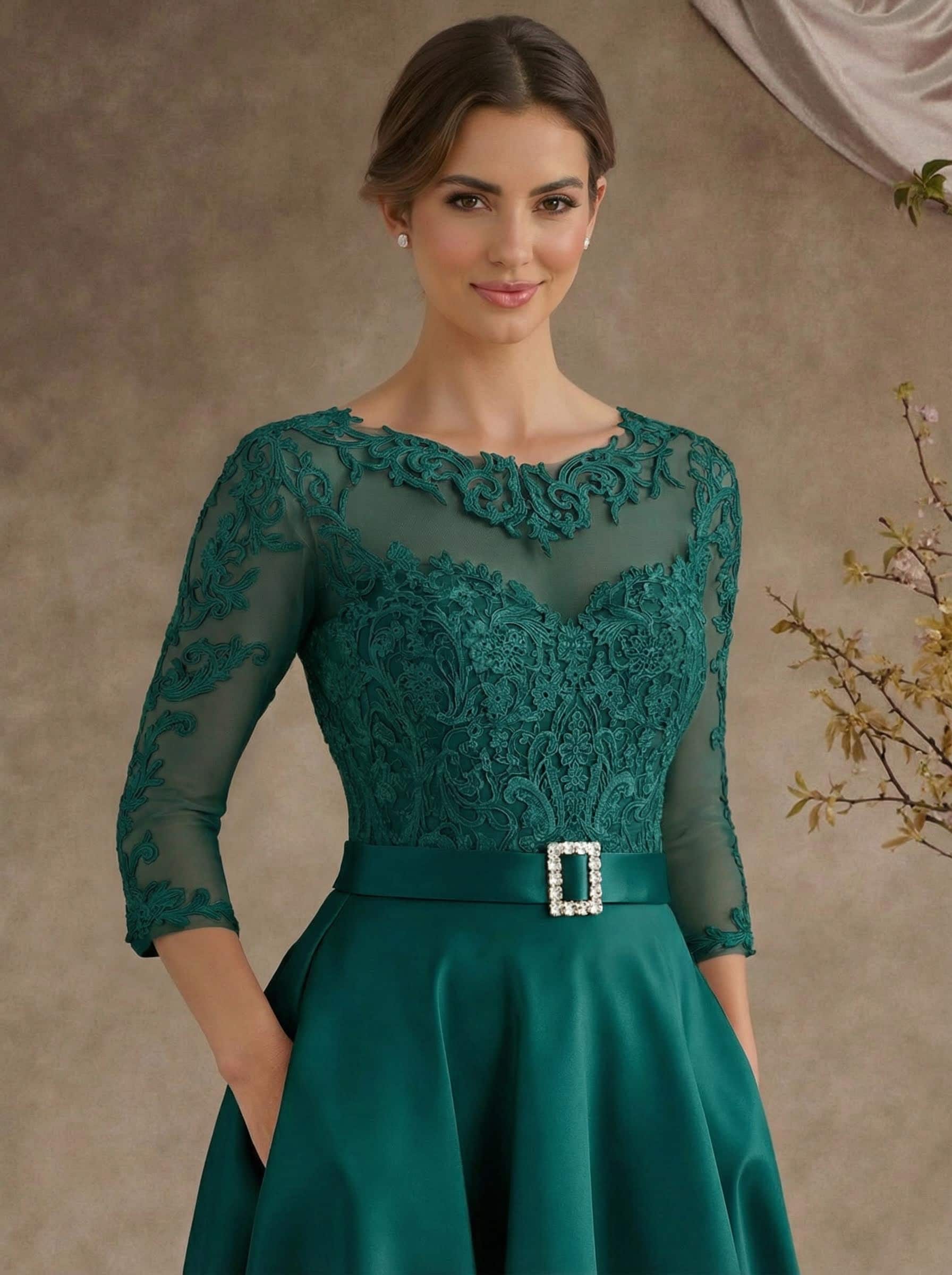 A-Line Illusion Neck 3/4 Sleeves Floor-Length Satin Mother Of The Bride Dresses With Flower(s)
