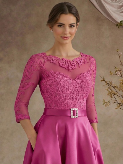A-Line Illusion Neck 3/4 Sleeves Floor-Length Satin Mother Of The Bride Dresses With Flower(s)