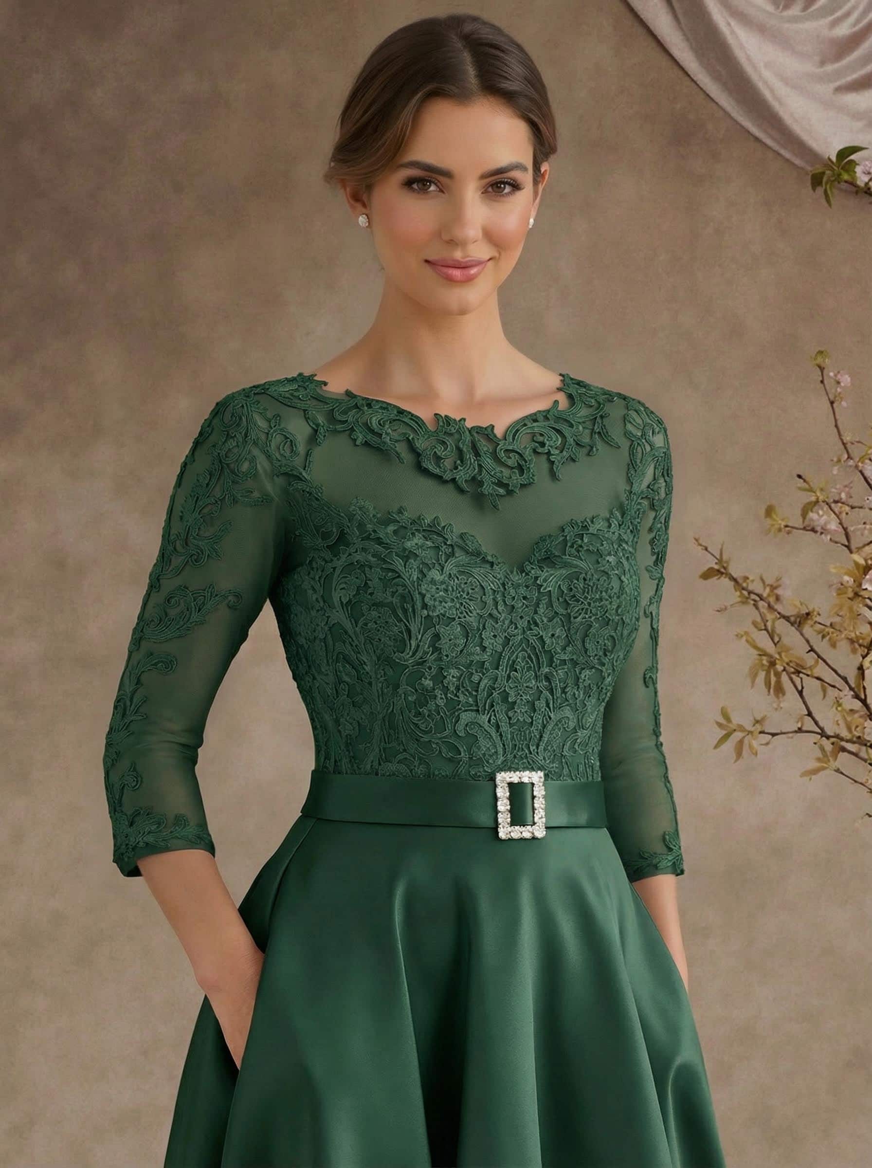 A-Line Illusion Neck 3/4 Sleeves Floor-Length Satin Mother Of The Bride Dresses With Flower(s)