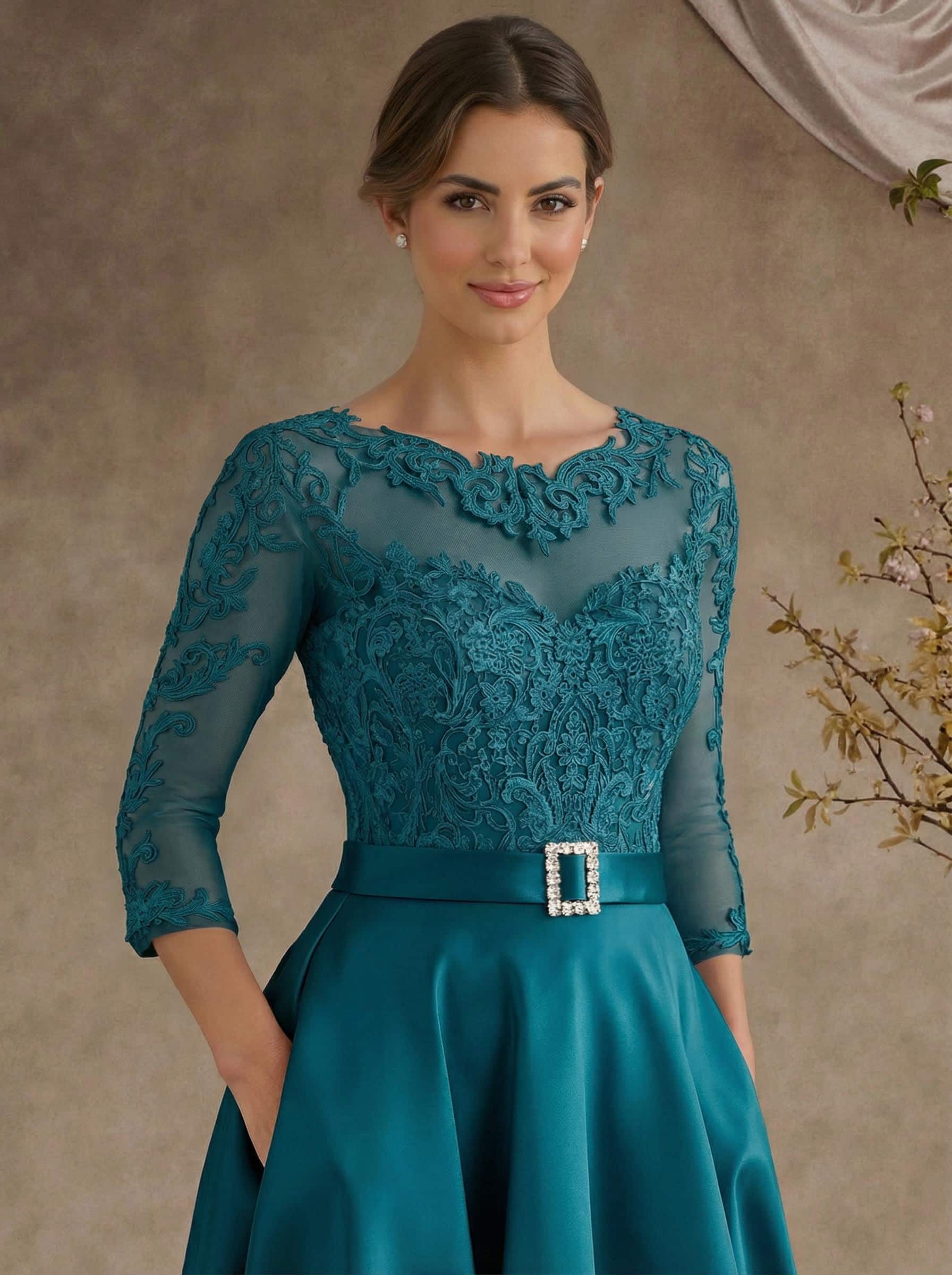 A-Line Illusion Neck 3/4 Sleeves Floor-Length Satin Mother Of The Bride Dresses With Flower(s)