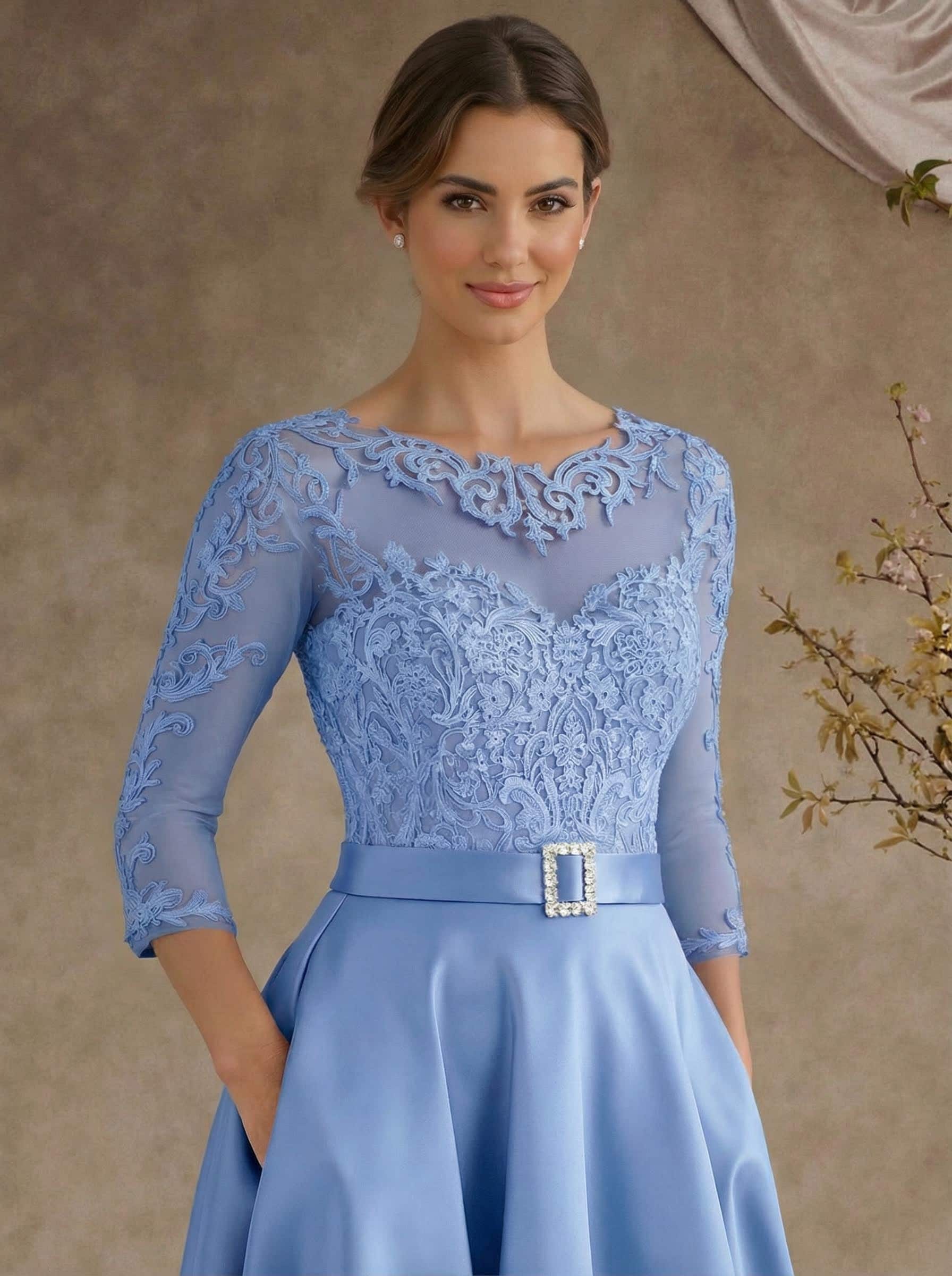 A-Line Illusion Neck 3/4 Sleeves Floor-Length Satin Mother Of The Bride Dresses With Flower(s)
