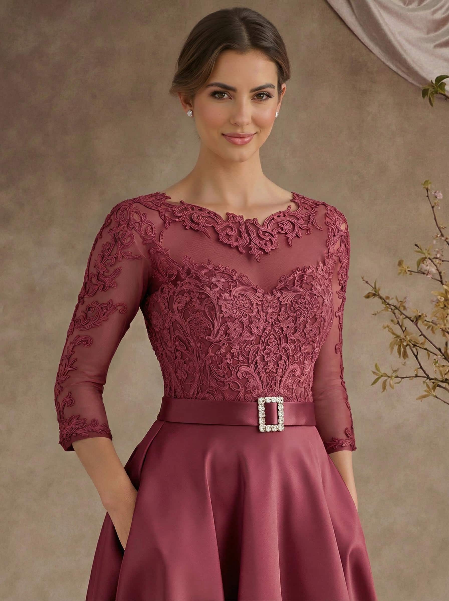 A-Line Illusion Neck 3/4 Sleeves Floor-Length Satin Mother Of The Bride Dresses With Flower(s)