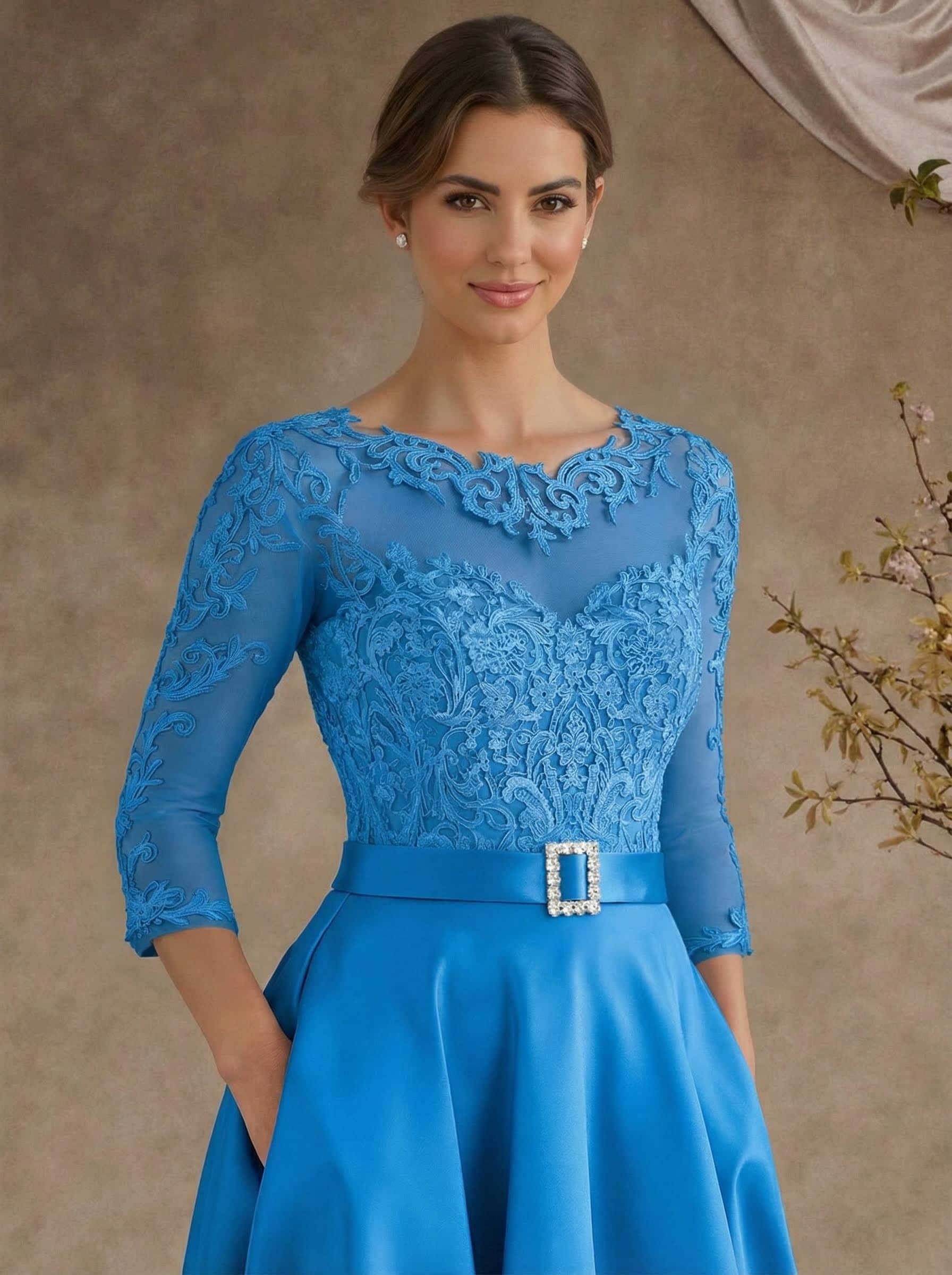 A-Line Illusion Neck 3/4 Sleeves Floor-Length Satin Mother Of The Bride Dresses With Flower(s)