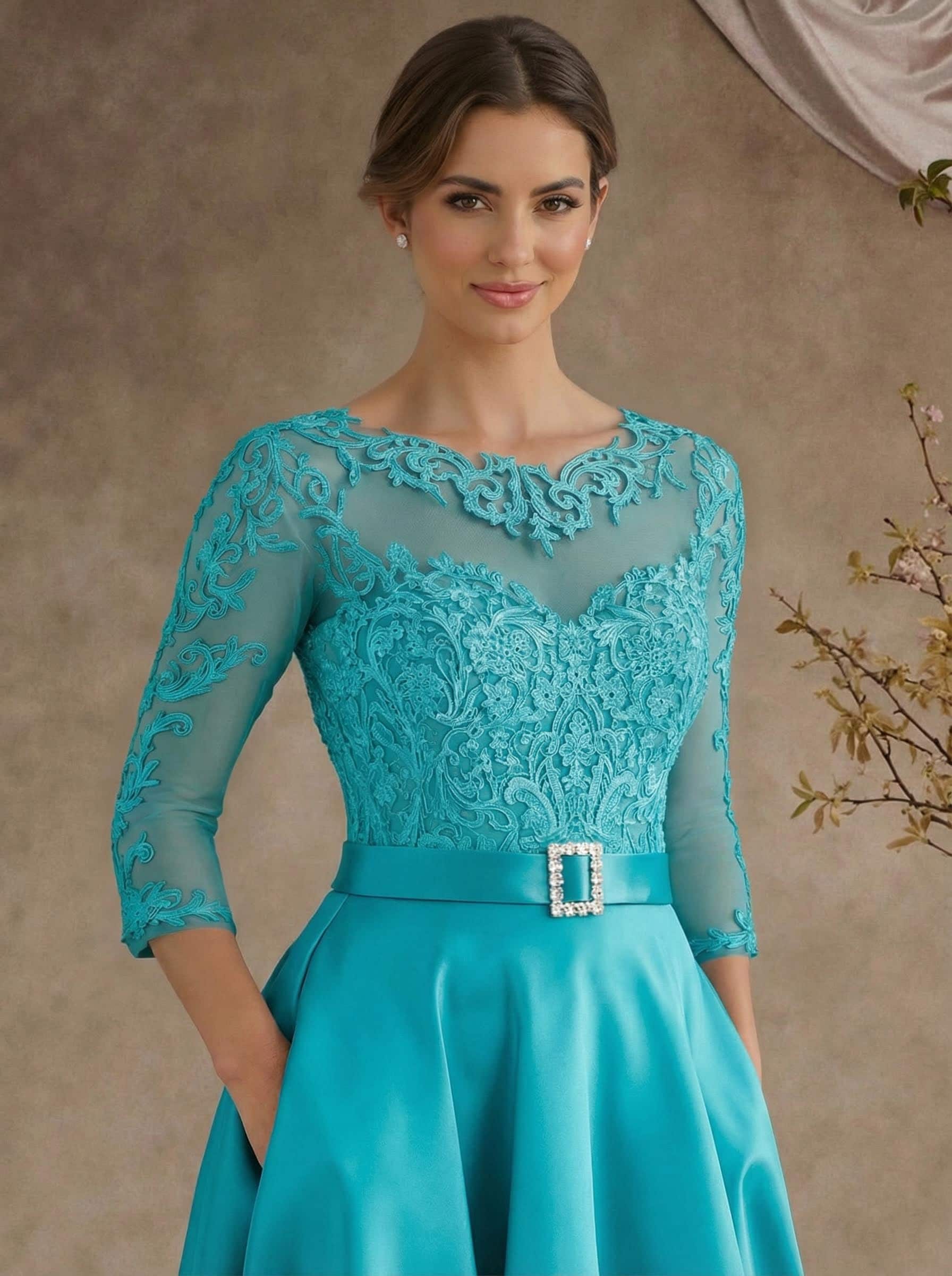 A-Line Illusion Neck 3/4 Sleeves Floor-Length Satin Mother Of The Bride Dresses With Flower(s)