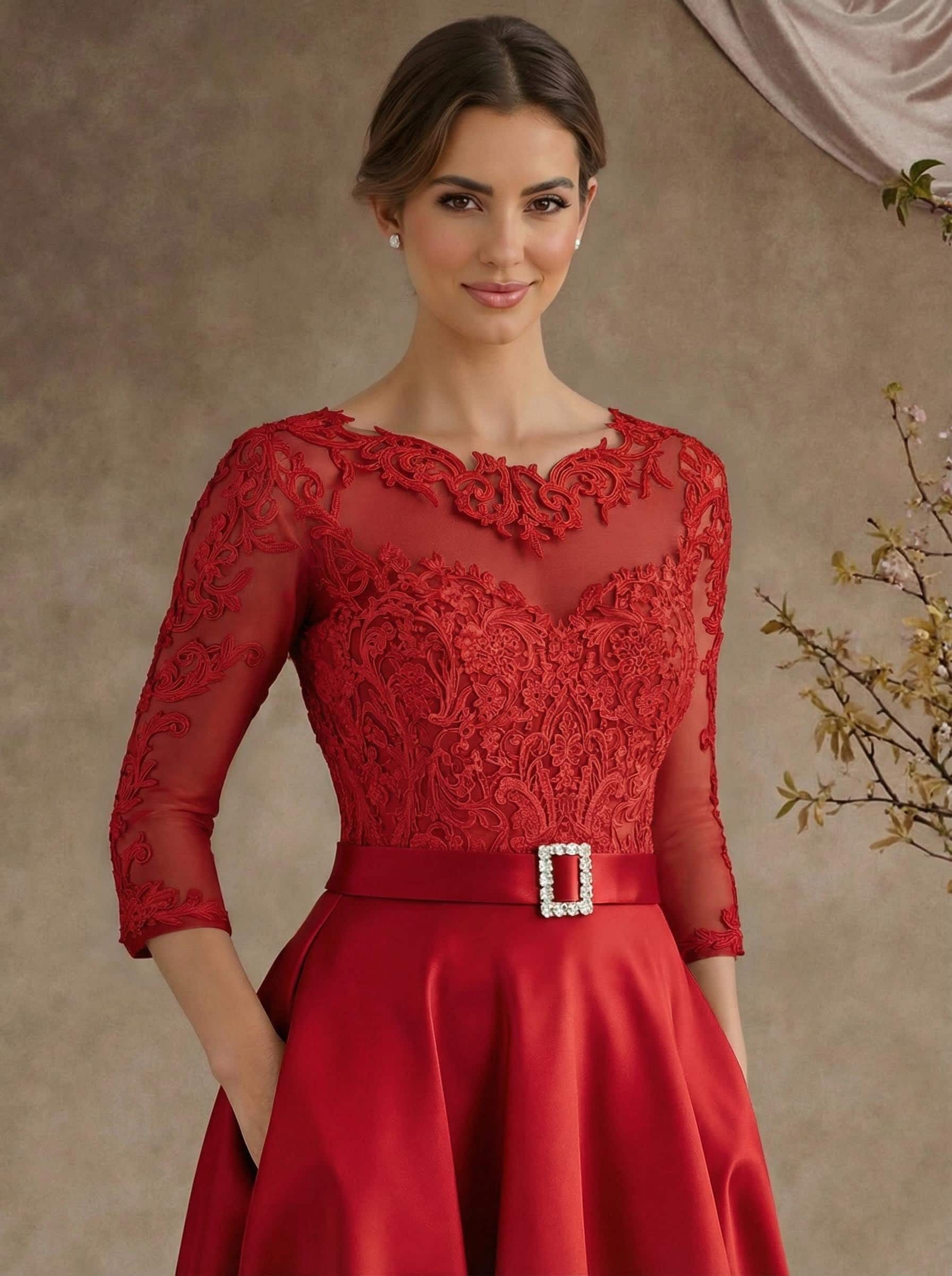A-Line Illusion Neck 3/4 Sleeves Floor-Length Satin Mother Of The Bride Dresses With Flower(s)
