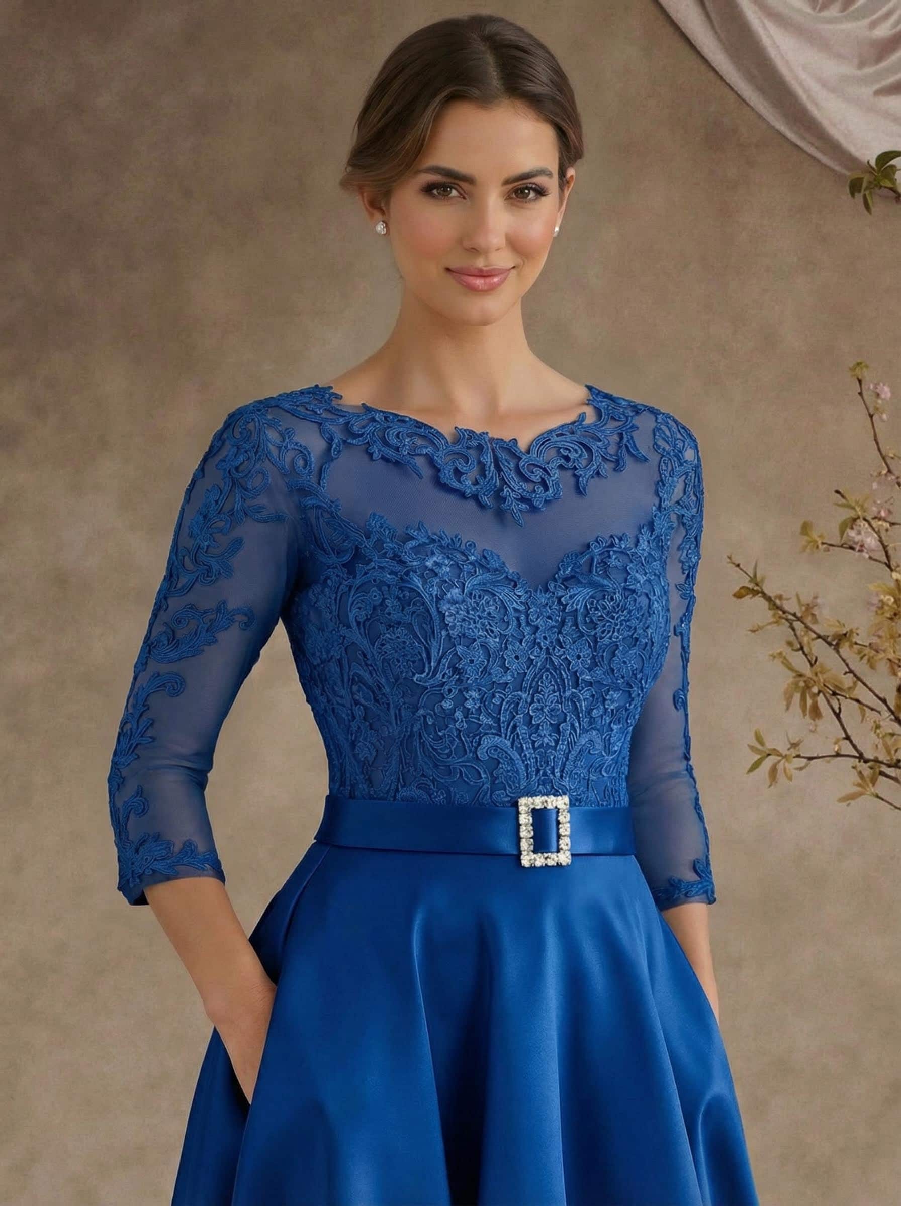 A-Line Illusion Neck 3/4 Sleeves Floor-Length Satin Mother Of The Bride Dresses With Flower(s)