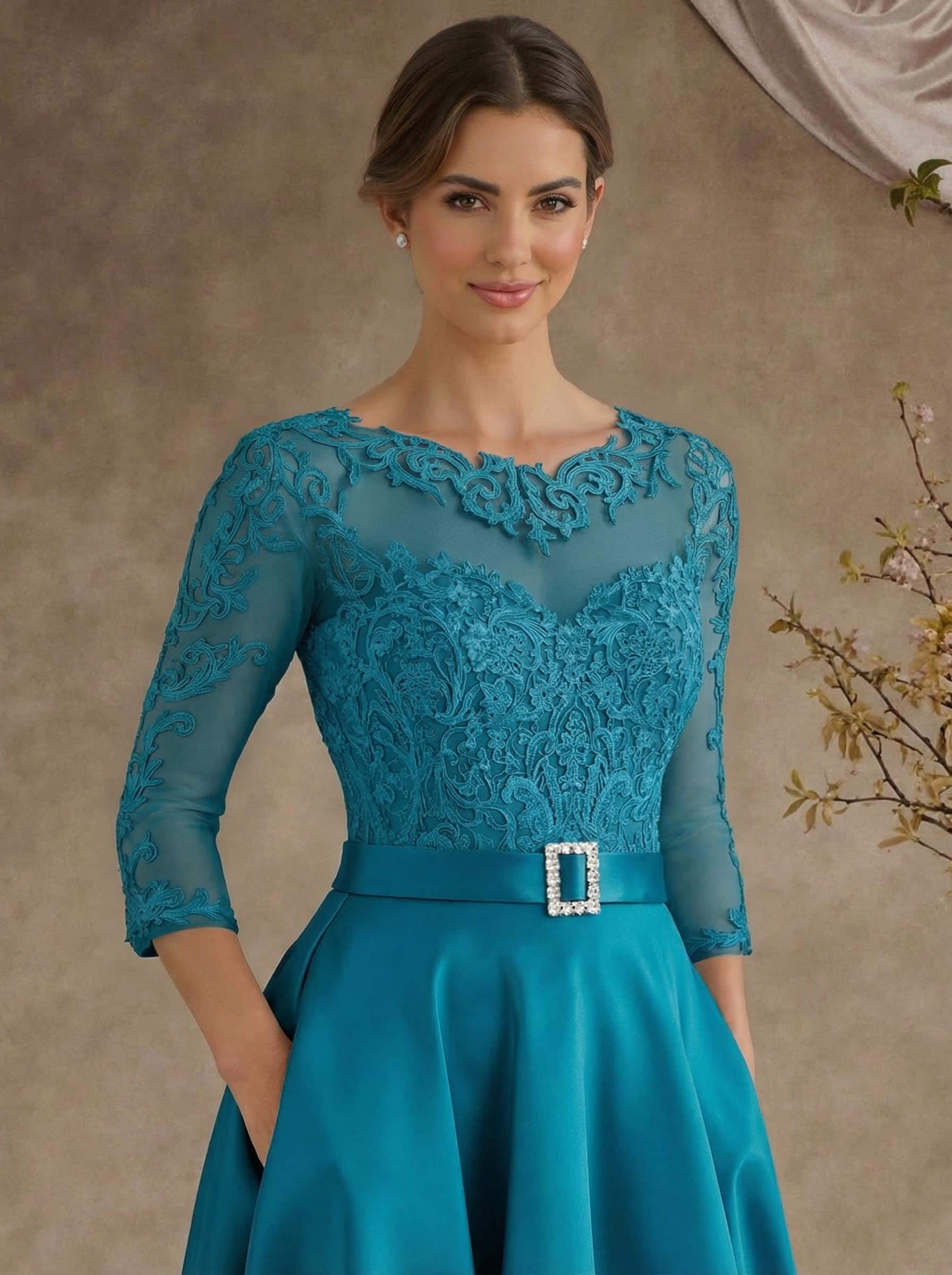 A-Line Illusion Neck 3/4 Sleeves Floor-Length Satin Mother Of The Bride Dresses With Flower(s)