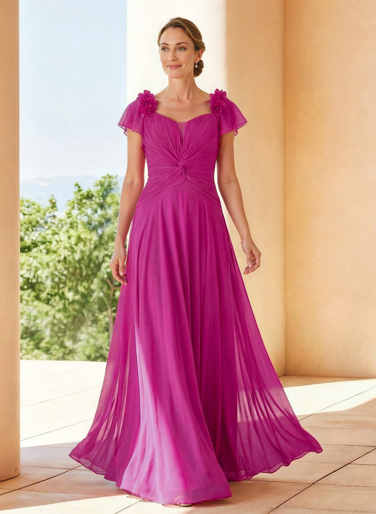 A-Line V-Neck Short Sleeves Floor-Length Chiffon Evening Dresses With Pleated Flower(s) in Fuchsia, US2