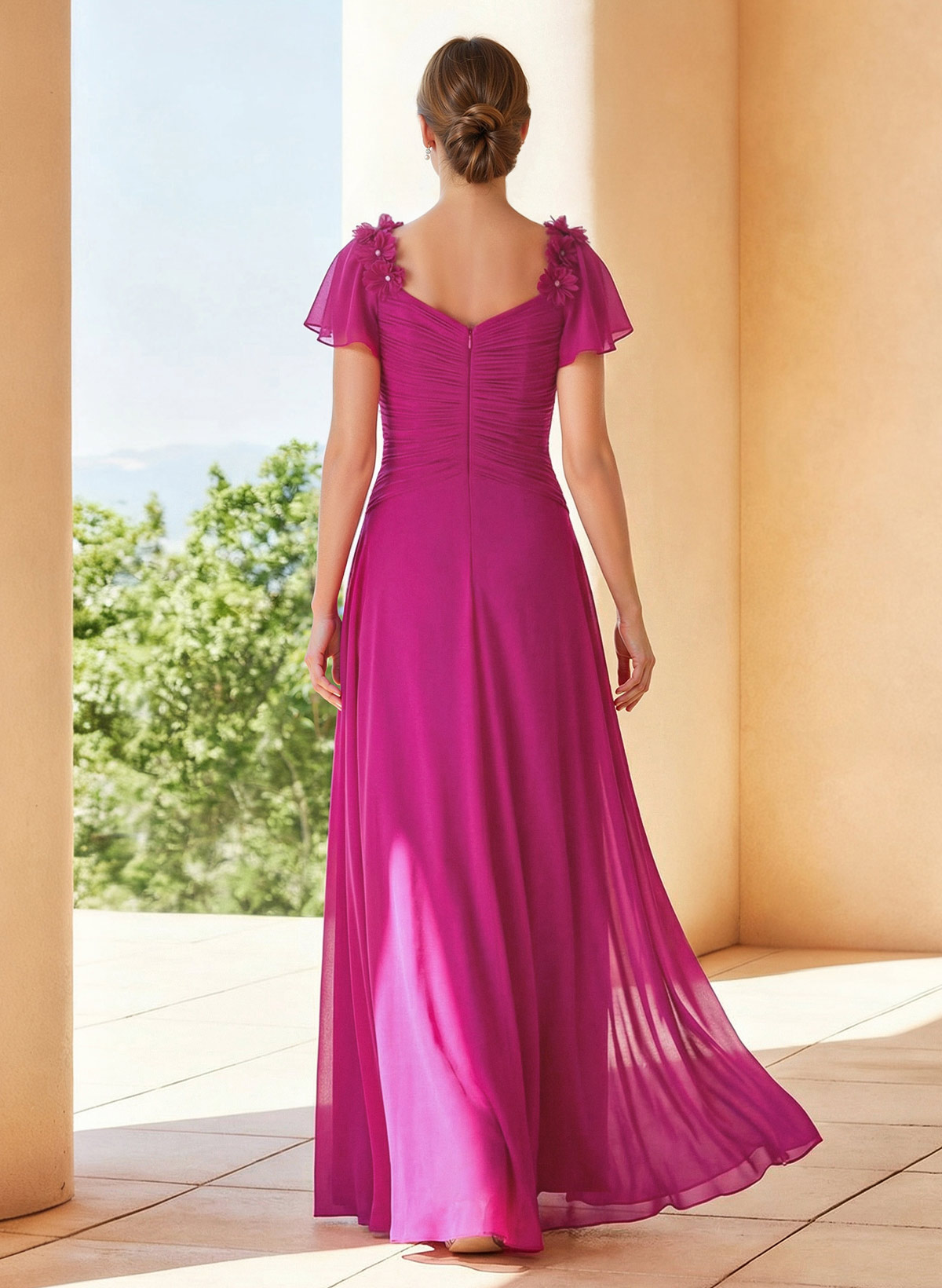 A-Line V-Neck Short Sleeves Floor-Length Chiffon Evening Dresses With Pleated Flower(s), supplier image 2