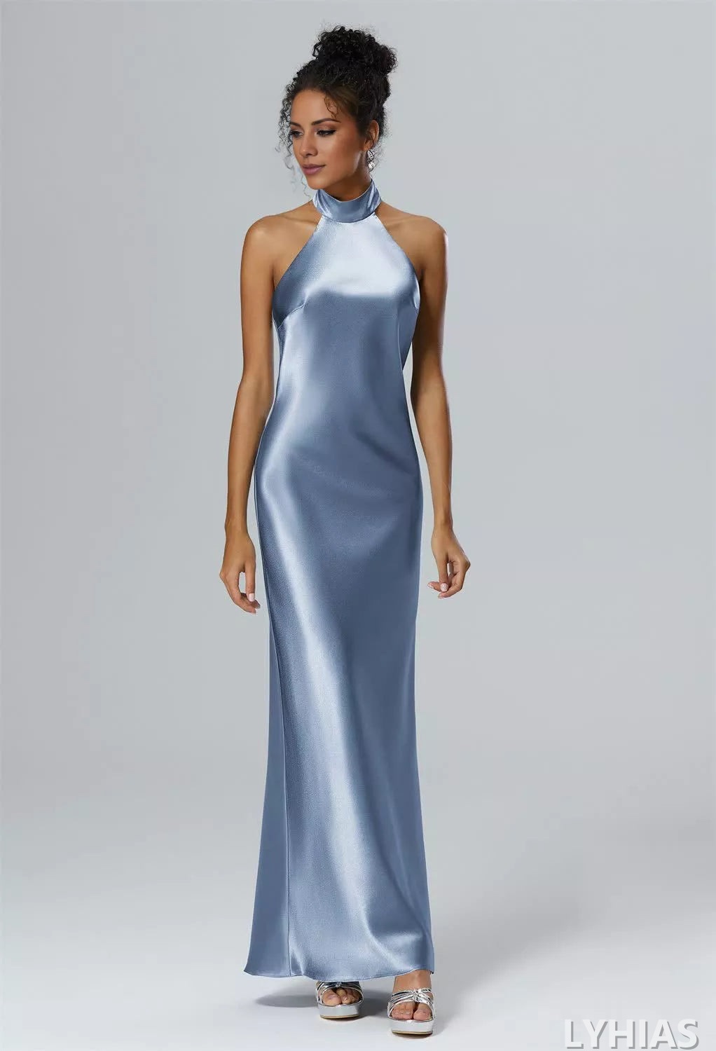 Satin Sheath/column Floor-Length Bridesmaid Dresses with Halter neckline & Backless Design