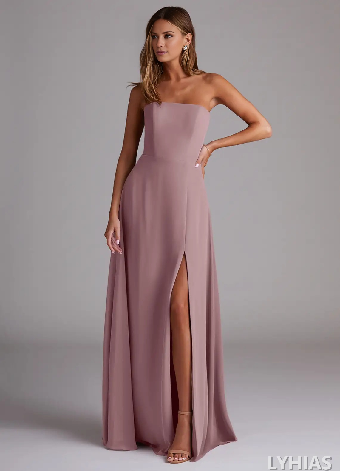 Chiffon Straight Neck A-Line Floor-Length Bridesmaid Dresses with High Slit