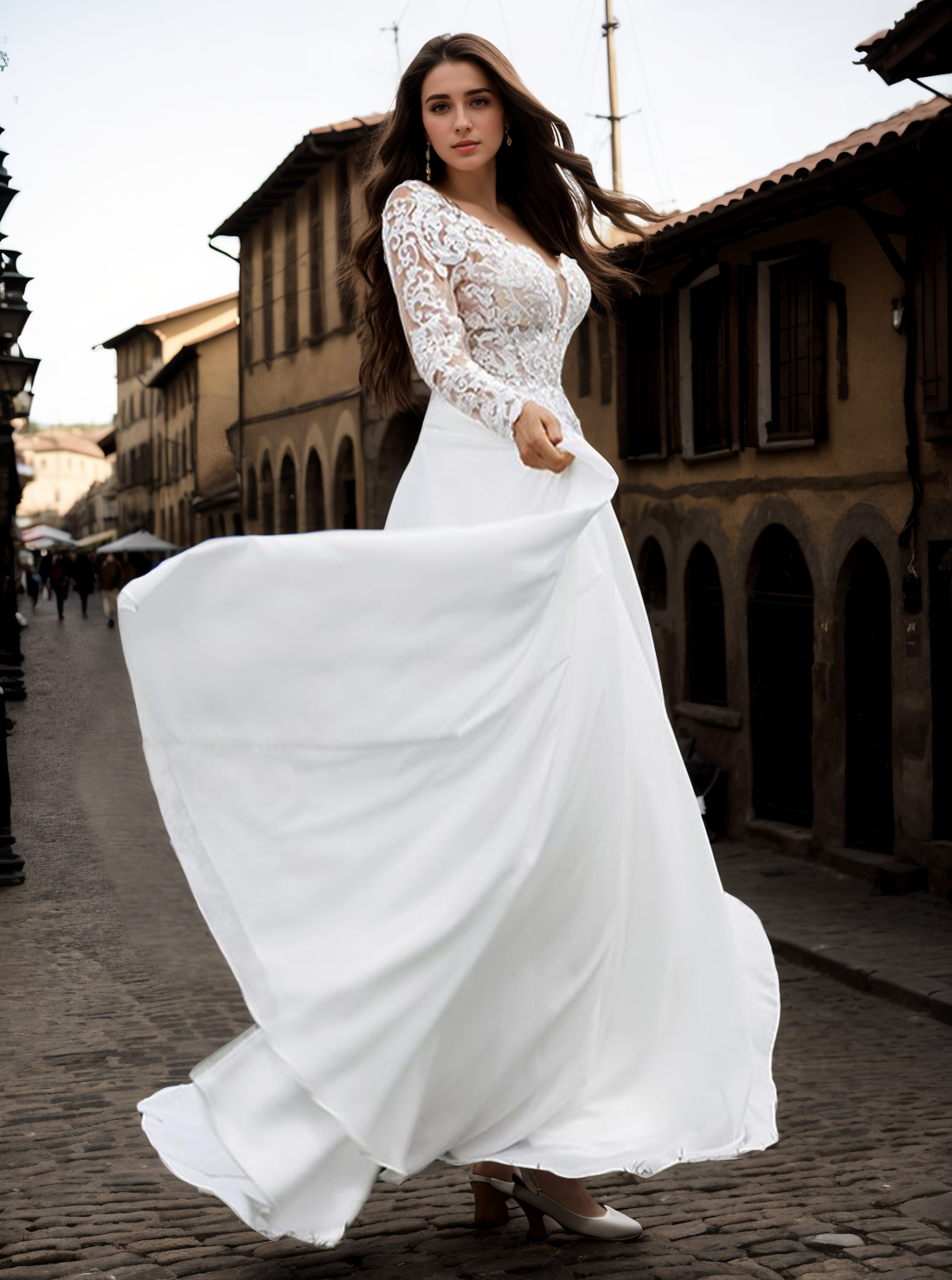 A-Line/Princess Wedding Dresses Chiffon Applique V-Neck Long Sleeves Sweep/Brush Train Bridal Gowns 2024