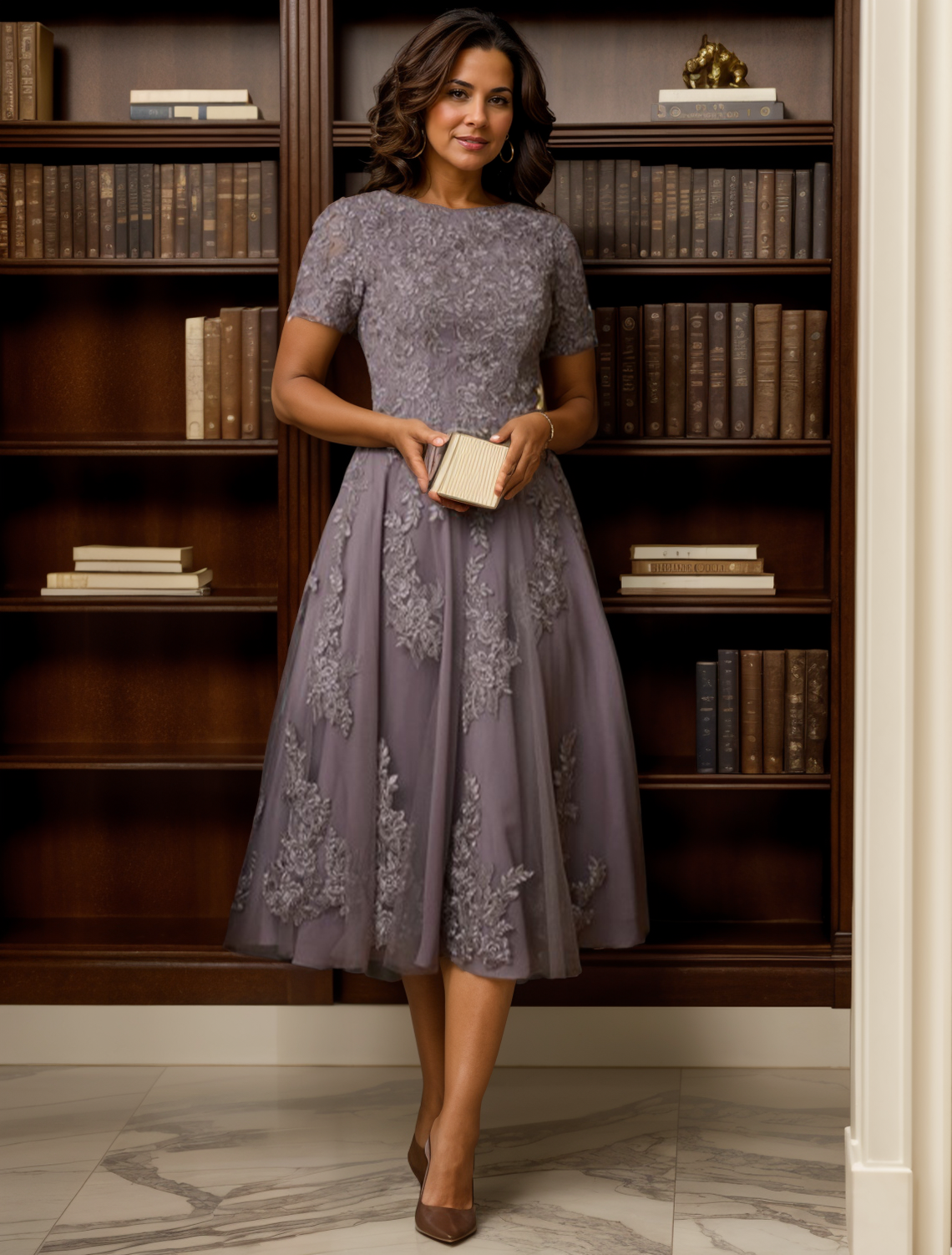 A-Line/Princess Elegant Tea Length Mother of the Bride Dresses with Appliques