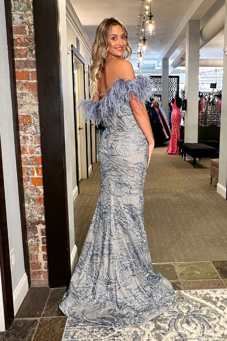 Off the Shoulder Mermaid/Trumpet Sleeveless Sequins Long Prom Dress Homecoming Dresses