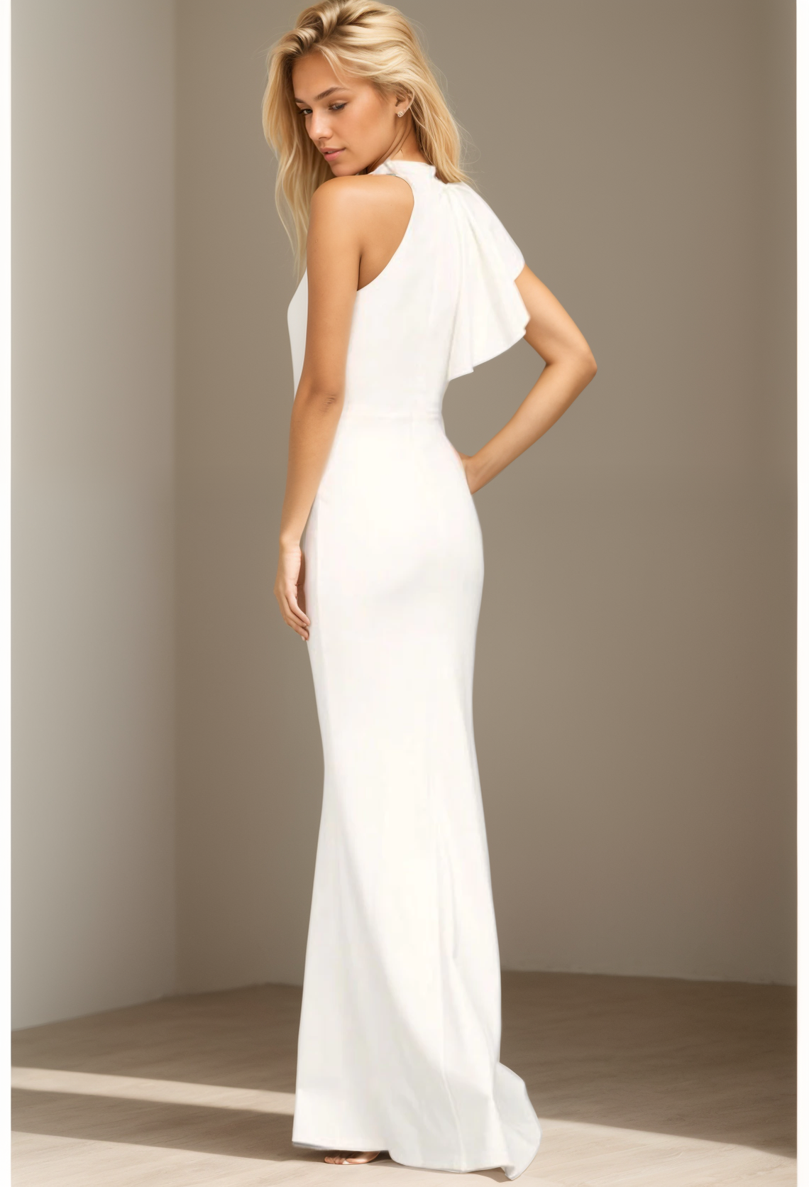 Sheath/Column Evening Gown Elegant Floor Length Sleeveless High Neck Stretch Satin Ruffles 