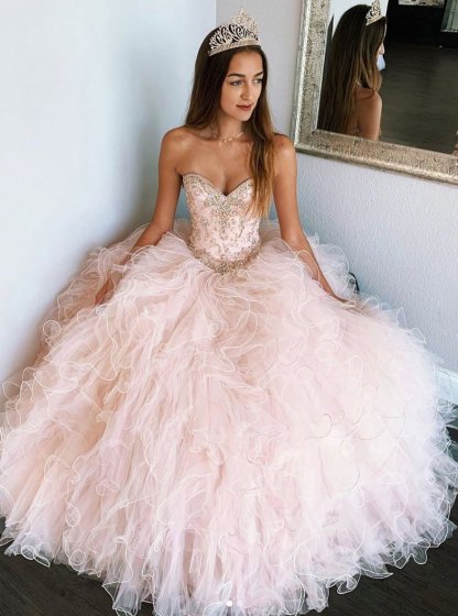 Pink Sweetheart Sleeveless Tulle Prom Dresses Evening Dresses