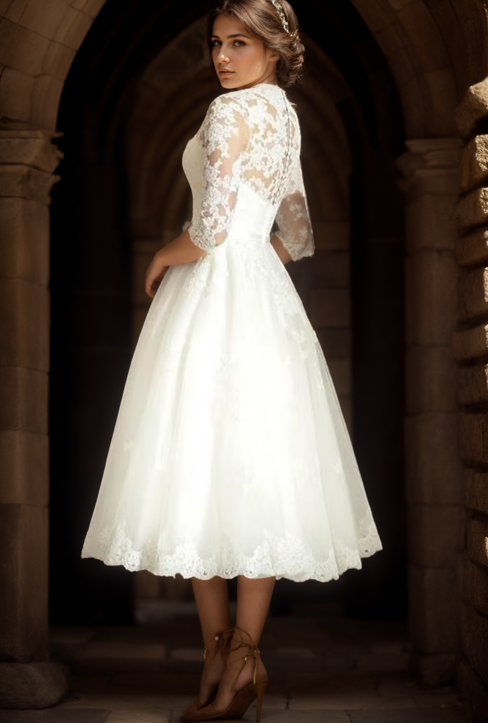 Reception Wedding Dresses Vintage Simple A-Line V Neck Short Sleeve Tea Length Satin Bridal Gowns 