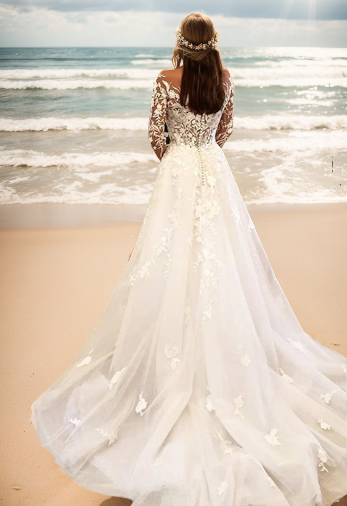 Vintage Formal Wedding Dresses Ball Gown Off Shoulder Long Sleeve Chapel Train Lace Bridal Gowns With Buttons Appliques