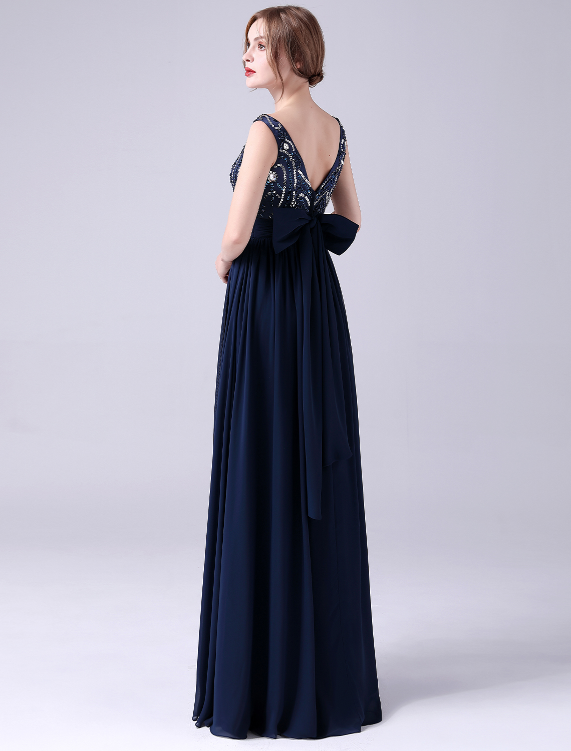 A-Line Prom Dress Bateau Neck V Back Floor Length Elegant Wedding Guest Dresses Chiffon with Pleats Sequin